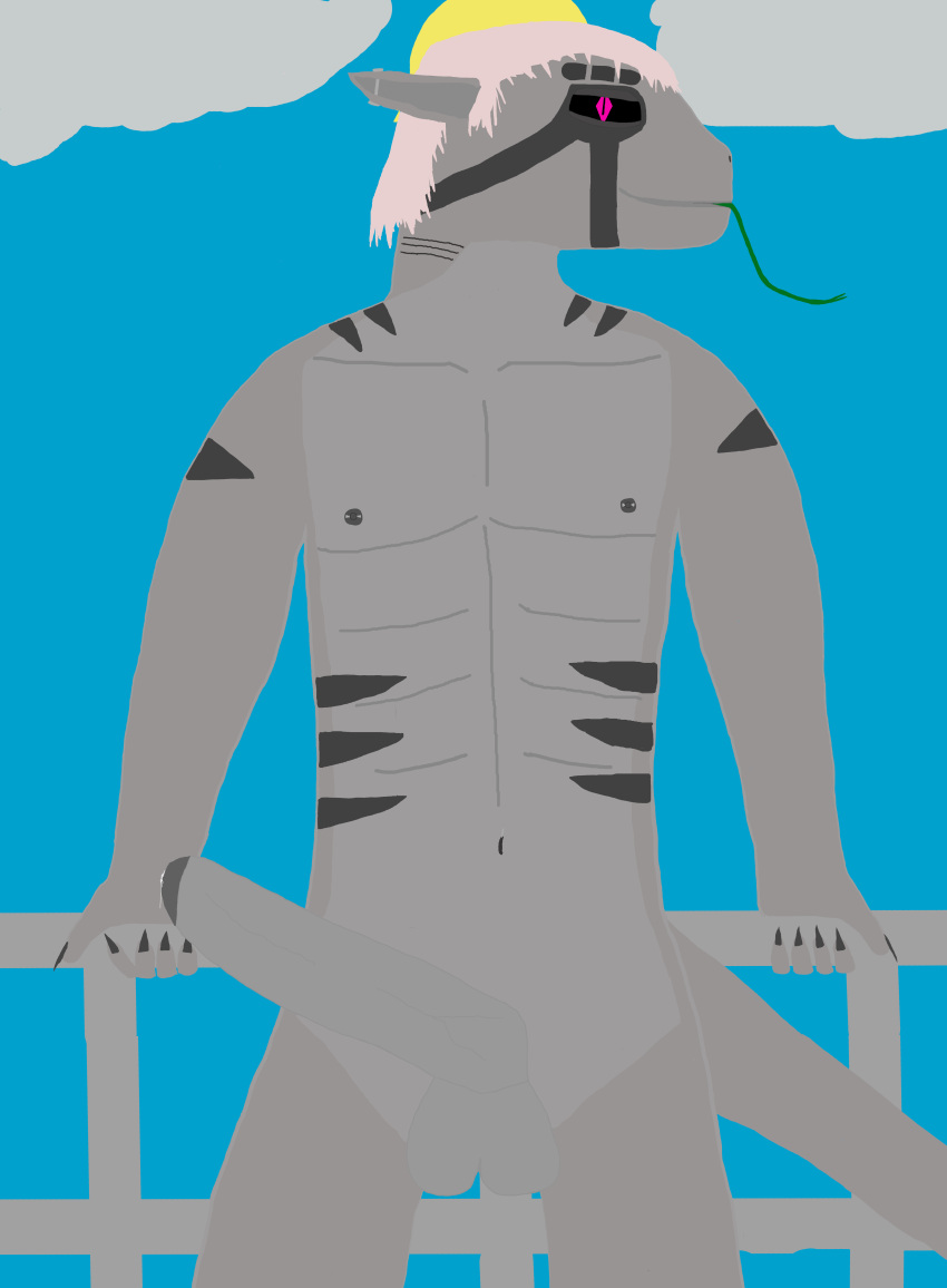 abs absurd_res anthro arokhan_sirefni arokhan_sirefni_(character) balls bedroom_eyes big_balls big_penis bodily_fluids cloud dripping ear_piercing erection fish forked_tongue genital_fluids genitals gills grabbing_railing grey_body hair hi_res long_hair lustful_gaze male marine markings muscular muscular_anthro muscular_male narrowed_eyes navel navel_piercing nipple_piercing nipples penis piercing precum precum_drip presenting presenting_penis purple_eyes robotic_eyes seductive shark sky smile solo standing sun synthetic_shark tail tongue tongue_out unseen_character