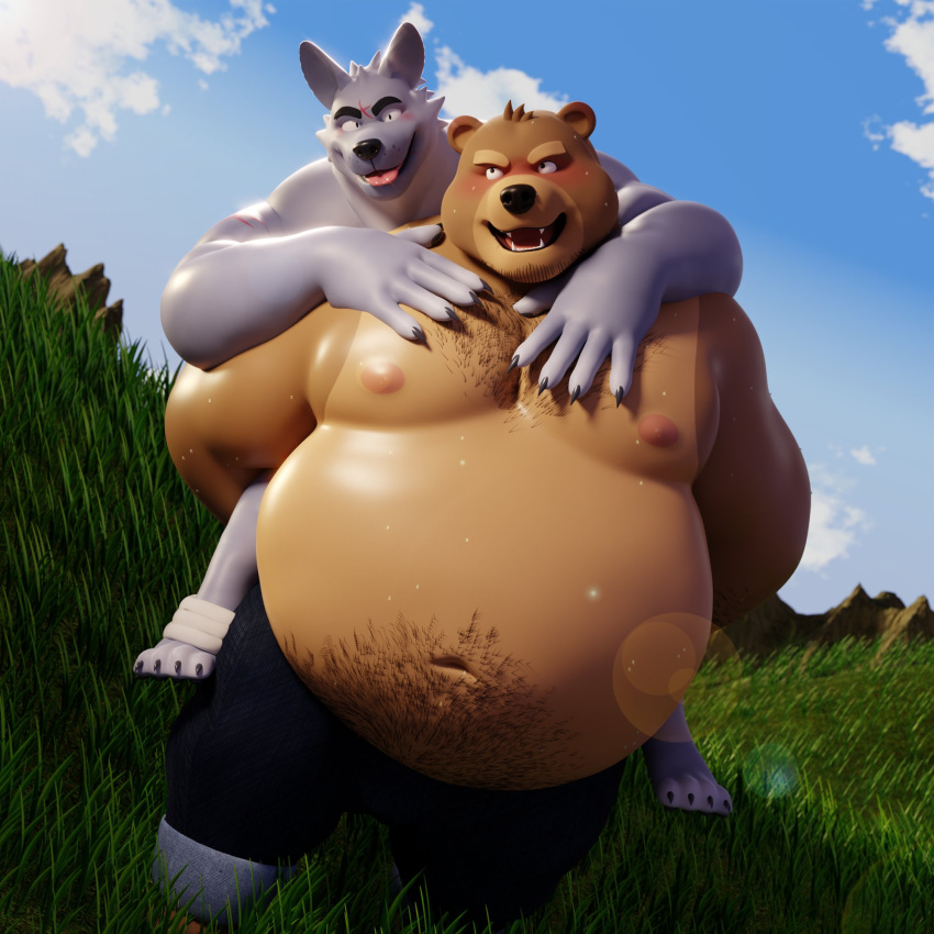 2023 5_fingers anthro bear black_nose blush brown_body canid canine canis cloud feet fingers genshiba grass grey_body hi_res male mammal navel nipples open_mouth overweight overweight_anthro overweight_male plant scar sky teeth tongue tongue_out wolf