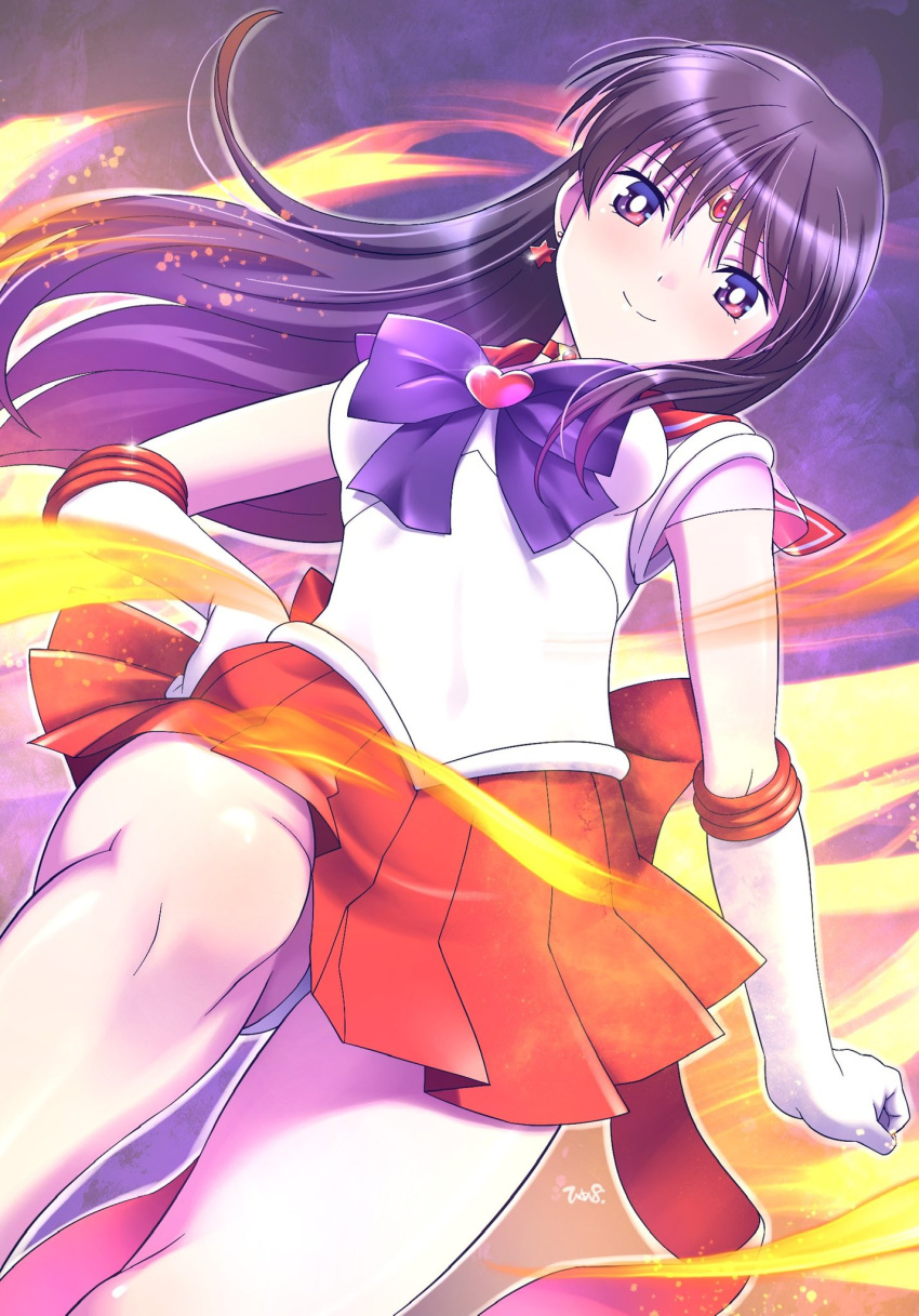 back_bow black_hair bow bowtie brooch choker circlet earrings elbow_gloves gem gloves heart heart_brooch highres himewachi jewelry long_hair miniskirt pleated_skirt purple_bow purple_bowtie purple_eyes red_bow red_choker red_footwear red_gemstone red_sailor_collar red_skirt sailor_collar sailor_mars shirt short_sleeves skirt star_(symbol) star_earrings super_sailor_mars white_gloves white_shirt