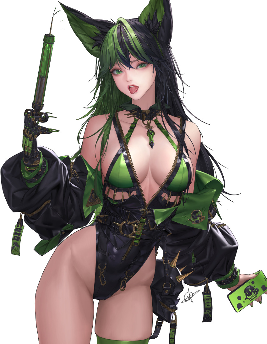 1girl absurdres animal_ear_fluff animal_ears black_collar black_hair black_jacket black_leotard blue_gemstone breasts cellphone cleavage collar commentary cowboy_shot daeho_cha dated_commentary english_commentary fingernails gem green_eyes green_hair green_nails hair_between_eyes highleg highleg_leotard highres holding holding_phone holding_syringe jacket jacket_partially_removed large_breasts leotard long_hair long_sleeves looking_at_viewer mechanical_hands multicolored_hair nail_polish open_clothes open_jacket original phone single_mechanical_hand skull smartphone solo spiked_collar spikes syringe teeth thigh_strap tongue tongue_out two-tone_hair upper_teeth_only zipper_pull_tab