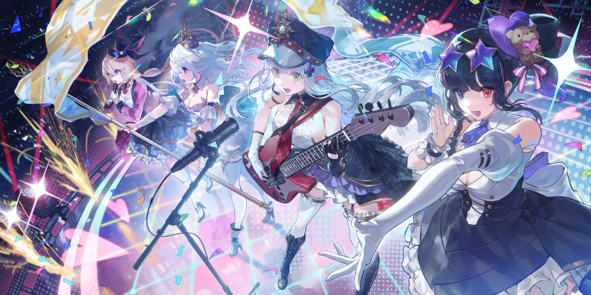 4girls absurdres algae_(5455454541) audience bass_guitar black_hair blonde_hair blue_eyes boots breasts centaureissi_(girls'_frontline_nc) cleavage clukay_(girls'_frontline_nc) commentary_request concert crowd crown dress eyewear_on_head fang frilled_skirt frills g36_(girls'_frontline) girls'_frontline girls'_frontline_neural_cloud gloves green_eyes hair_ornament hat heterochromia highres hk416_(girls'_frontline) holding holding_microphone idol_clothes instrument large_breasts long_hair microphone microphone_stand multiple_girls music necktie official_alternate_costume open_mouth playing_instrument purple-tinted_eyewear purple_eyes red_eyes red_necktie sideboob singing skin_fang skirt smile stage stage_lights star-shaped_eyewear stuffed_animal stuffed_toy teddy_bear thighhighs tinted_eyewear undine_(girls'_frontline_nc) vee_(girls'_frontline_nc) white_hair