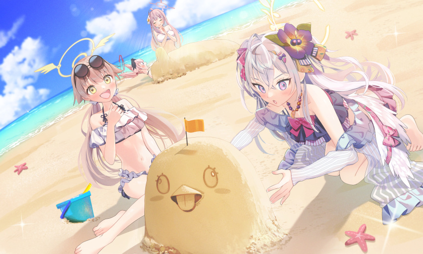 4girls ahoge angel_wings azusa_(blue_archive) azusa_(swimsuit)_(blue_archive) bare_legs beach bikini blonde_hair blue_archive blue_bikini blue_sky blush breasts cleavage cloud collarbone commentary_request day feathered_wings feet flower frilled_bikini frills grey_hair hair_flower hair_ornament hair_ribbon halo hanako_(blue_archive) head_wings hifumi_(blue_archive) hifumi_(swimsuit)_(blue_archive) highres jewelry kneeling koharu_(blue_archive) kurape_(pat1na) legs lipstick looking_at_another low_twintails make-up_work_club_(blue_archive) makeup multiple_girls navel necklace ocean official_alternate_costume open_mouth peroro_(blue_archive) pink_hair purple_eyes ribbon sand sand_bucket sand_sculpture sitting sky smile starfish stomach summer sunlight swimsuit tearing_up toes trowel twintails water white_bikini white_wings wing_ornament wings yellow_eyes