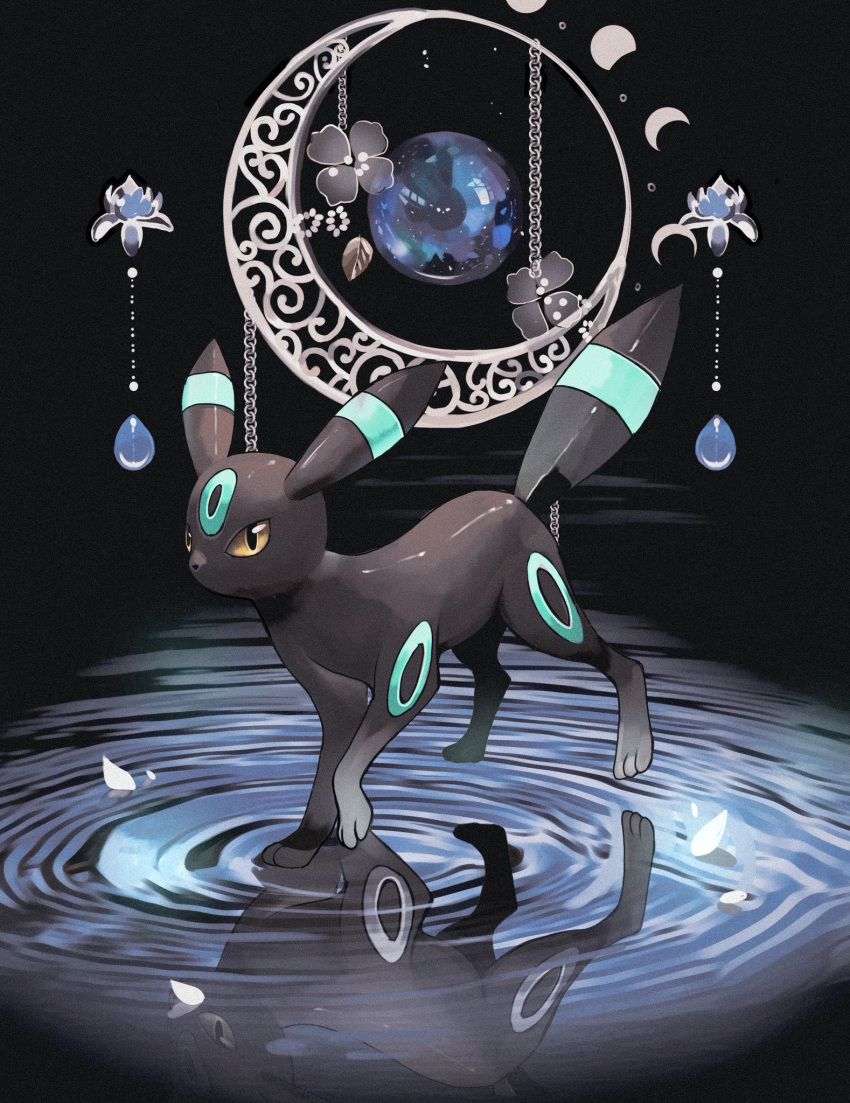 alternate_color animal_focus black_background black_skin chain colored_skin commentary_request crescent_moon flower highres leaf lotus moon no_humans pokemon pokemon_(creature) reo_(mmocc123) ripples shiny_pokemon solo tail umbreon yellow_eyes