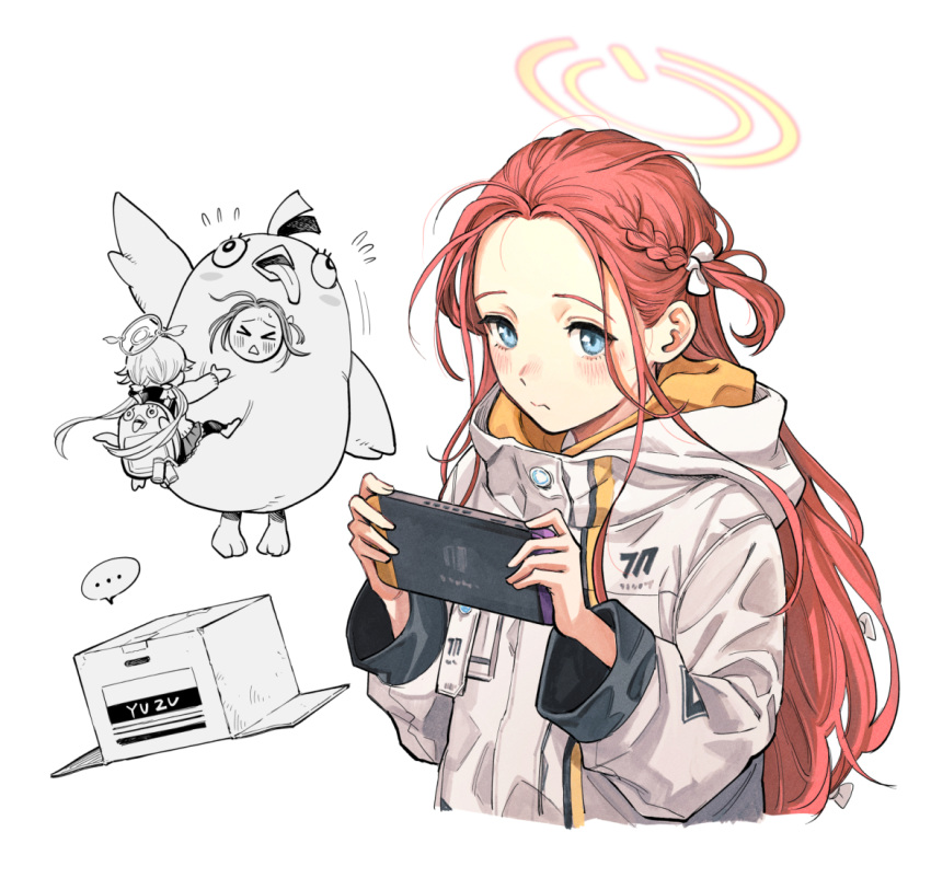 &gt;_&lt; ... 2girls backpack bag blue_archive blue_eyes blush closed_mouth flying_sweatdrops halo handheld_game_console hifumi_(blue_archive) hiro_(chumo) holding holding_handheld_game_console hood hood_down hooded_jacket jacket long_hair long_sleeves low_twintails multiple_girls multiple_views nintendo_switch peroro_(blue_archive) red_hair simple_background spoken_ellipsis triangle_mouth twintails white_background white_jacket yellow_halo yuzu_(blue_archive)