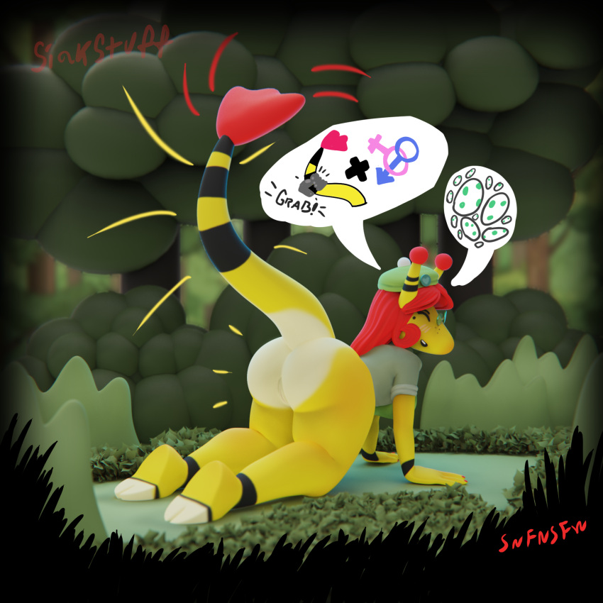 all_fours ampharos antennae_(anatomy) anthro beret bottomless bottomless_female butt clothed clothing egg exhibitionism eyewear female female_symbol forest forest_background gender_symbol generation_2_pokemon genitals glasses green_clothing green_jacket green_topwear hair hat headgear headwear hi_res impregnation_request jacket looking_at_viewer looking_back looking_back_at_viewer male_symbol nature nature_background nintendo outside plant pokemon pokemon_(species) presenting presenting_hindquarters pussy raised_tail red_hair sex_request siakstuff smile solo speech_bubble symbol tail tail_grab topwear tree yellow_and_black