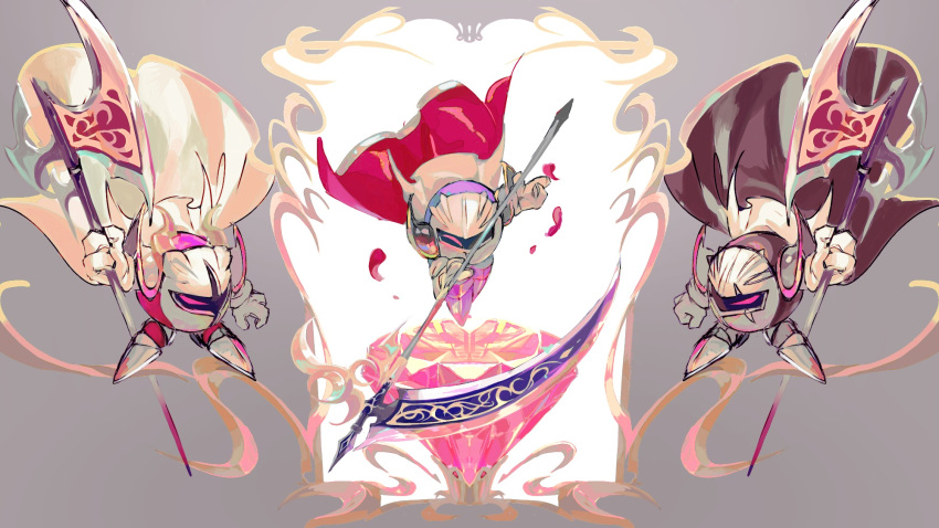3boys akakiao_tea alternate_costume axe battle_axe black_cape black_skin blue_skin cape cape_lift clenched_hand colored_skin commentary_request crystal dark_meta_knight galacta_knight gloves gold_trim grey_armor grey_background grey_mask highres holding holding_polearm holding_scythe holding_weapon kirby_(series) meta_knight mirror multiple_boys no_humans one-eyed petals polearm purple_armor red_cape red_eyes red_skin sabaton scythe shoulder_pads silver_trim solid_eyes weapon white_cape white_gloves white_mask white_veil yellow_horns