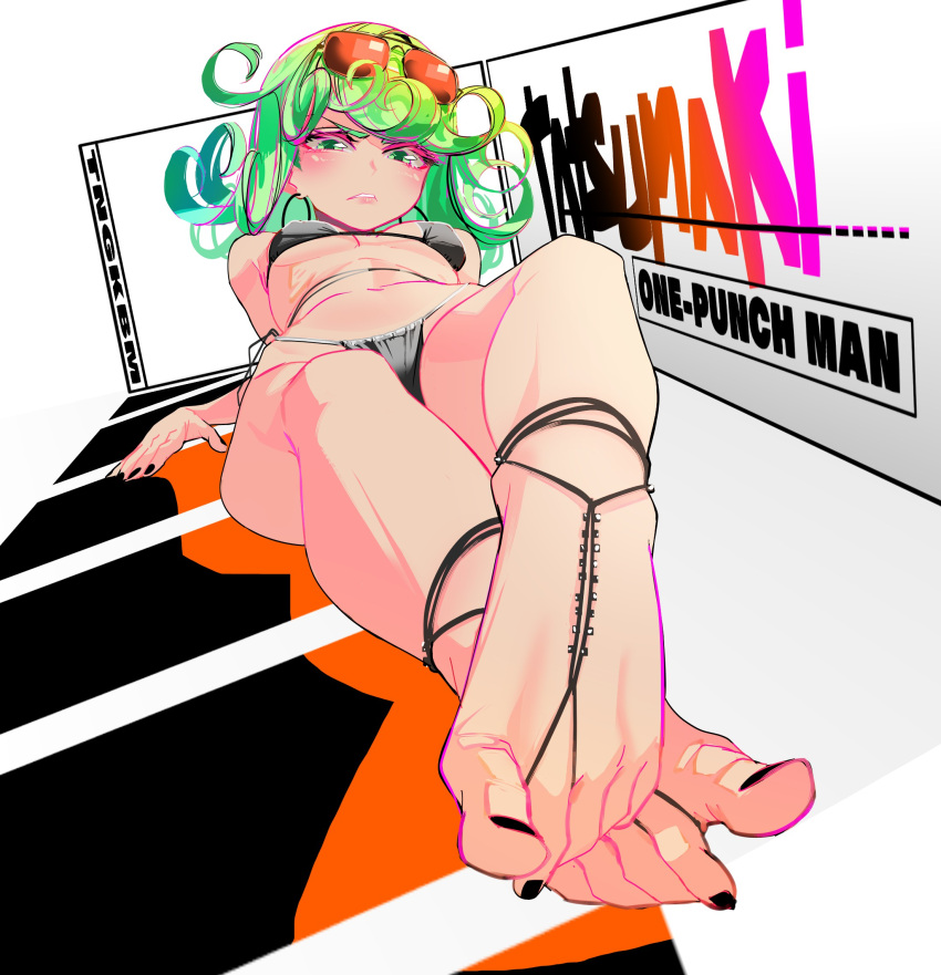 1girl anklet barefoot_sandals between_toes bikini black_bikini black_nails blush crossed_ankles eyewear_on_head feet foot_focus foreshortening green_eyes green_hair highres jewelry lying micro_bikini midriff nail_polish no_shoes one-punch_man spread_toes swimsuit tatsumaki tngkbmarlon toenail_polish toenails toes