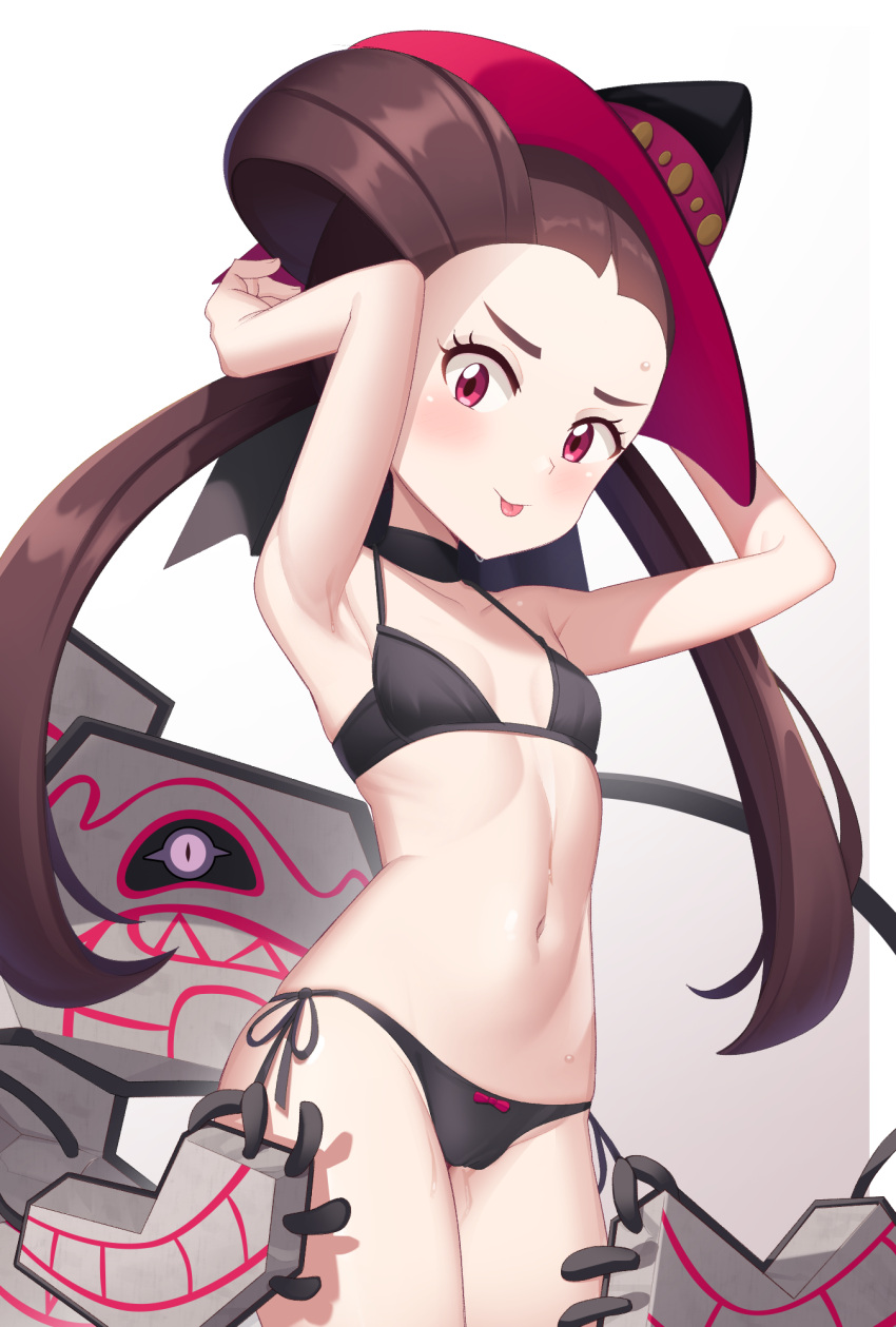 1girl armpits bare_arms bikini black_bikini black_choker black_headwear blush breasts brown_hair choker closed_mouth cowboy_shot earrings eyelashes gazing_eye gradient_background hair_rings hands_up hat highres jewelry long_hair looking_at_viewer mixed-language_commentary navel official_alternate_costume pink_eyes pokemon pokemon_(creature) pokemon_(game) pokemon_masters_ex roxanne_(fall_2023)_(pokemon) roxanne_(pokemon) runerigus side-tie_bikini_bottom smile swimsuit toned tongue tongue_out twintails witch_hat