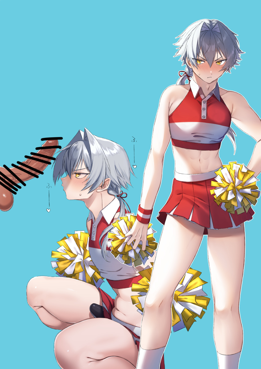 2boys absurdres alternate_costume bar_censor black_panties blue_background blush bulge censored cheerleader collared_shirt commentary_request cropped_shirt erection erection_under_clothes feet_out_of_frame grey_hair hair_between_eyes hair_intakes hand_on_own_hip highres holding idolmaster idolmaster_side-m kizaki_ren large_penis long_hair male_focus midriff miniskirt multiple_boys multiple_views navel omiyacha panties penis penis_awe pom_pom_(cheerleading) ponytail red_shirt red_skirt shadow shirt sidelocks simple_background skirt sleeveless sleeveless_shirt socks sound_effects squatting sweatdrop thighs two-tone_shirt two-tone_skirt underwear white_shirt white_skirt white_socks yaoi yellow_eyes