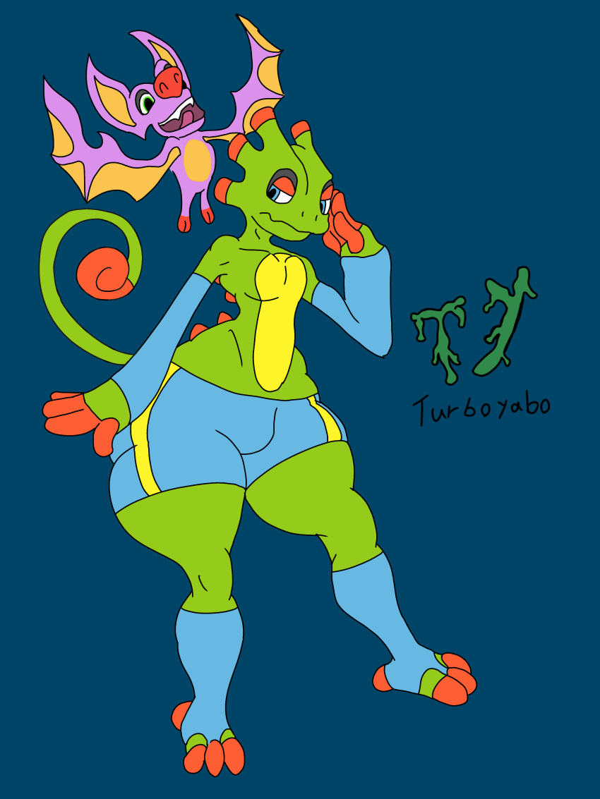 absurd_res anthro armwear bat bike_shorts blue_eyes bottomwear chameleon clothed clothing duo female green_eyes hi_res laylee legwear lizard male male/female mammal playtonic_games reptile scalie shorts size_difference standing tail tight_bottomwear tight_clothing tight_shorts turboyabo wings yooka yooka-laylee