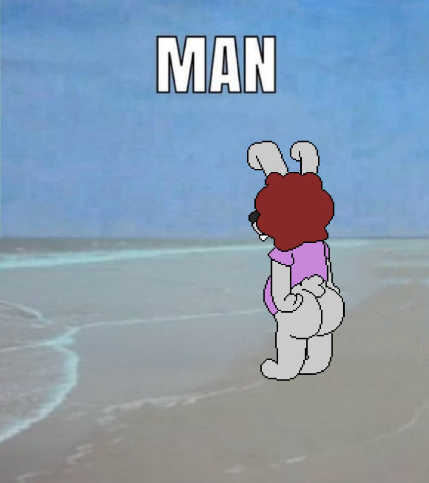 absurd_res ambiguous_gender animal_humanoid anthro big_butt big_ears black_nose buckteeth butt clothing cotton_tail draw_over ears_up fluffy fluffy_hair hair harleythefunny_(artist) hi_res huge_butt humanoid humor impact_(font) lagomorph lagomorph_humanoid leporid leporid_humanoid long_ears looking_away male mammal mammal_humanoid meme nub_tail photo photo_background photography_(artwork) purple_clothing purple_shirt purple_topwear rabbit rabbit_humanoid red_hair sand sea shirt shitpost small_tail solo solo_focus tail teeth text topwear unusual_hair water