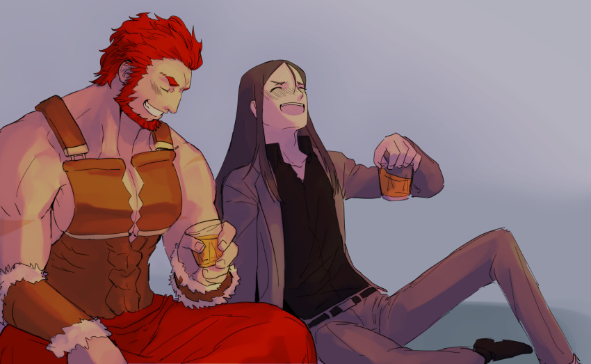 2boys :d ancient_greek_clothes beard cup drunk facial_hair fate/grand_order fate_(series) feet_out_of_frame highres holding holding_cup iskandar_(fate) large_pectorals laughing long_hair lord_el-melloi_ii male_focus mature_male multiple_boys muscular muscular_male pectoral_cleavage pectorals red_eyes red_hair shababuru short_hair side-by-side sidepec sitting smile waver_velvet