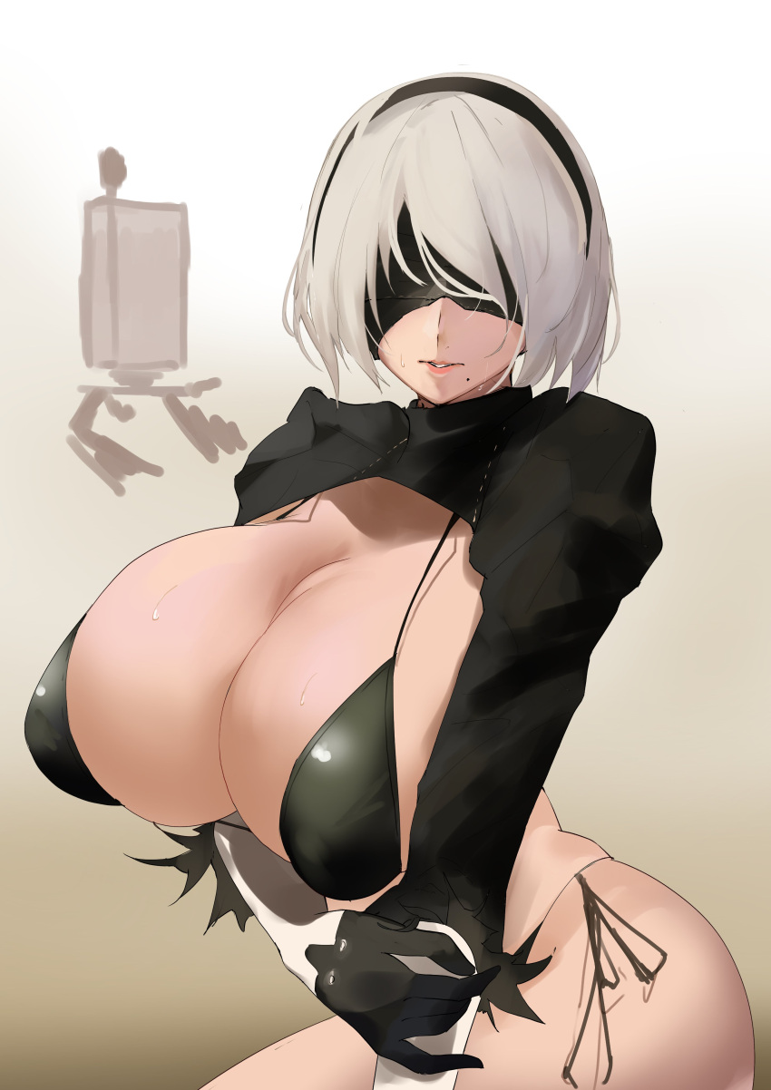 1girl 2b_(nier:automata) absurdres alternate_breast_size bikini black_bikini black_blindfold black_gloves black_hairband blindfold breasts cleavage covered_eyes feather-trimmed_sleeves gloves hairband highleg highleg_bikini highres huge_breasts juliet_sleeves kasumi_saika long_sleeves looking_at_viewer mole mole_under_mouth nier:automata nier_(series) parted_lips pod_(nier:automata) puffy_sleeves revision short_hair shrug_(clothing) sweat swimsuit white_hair