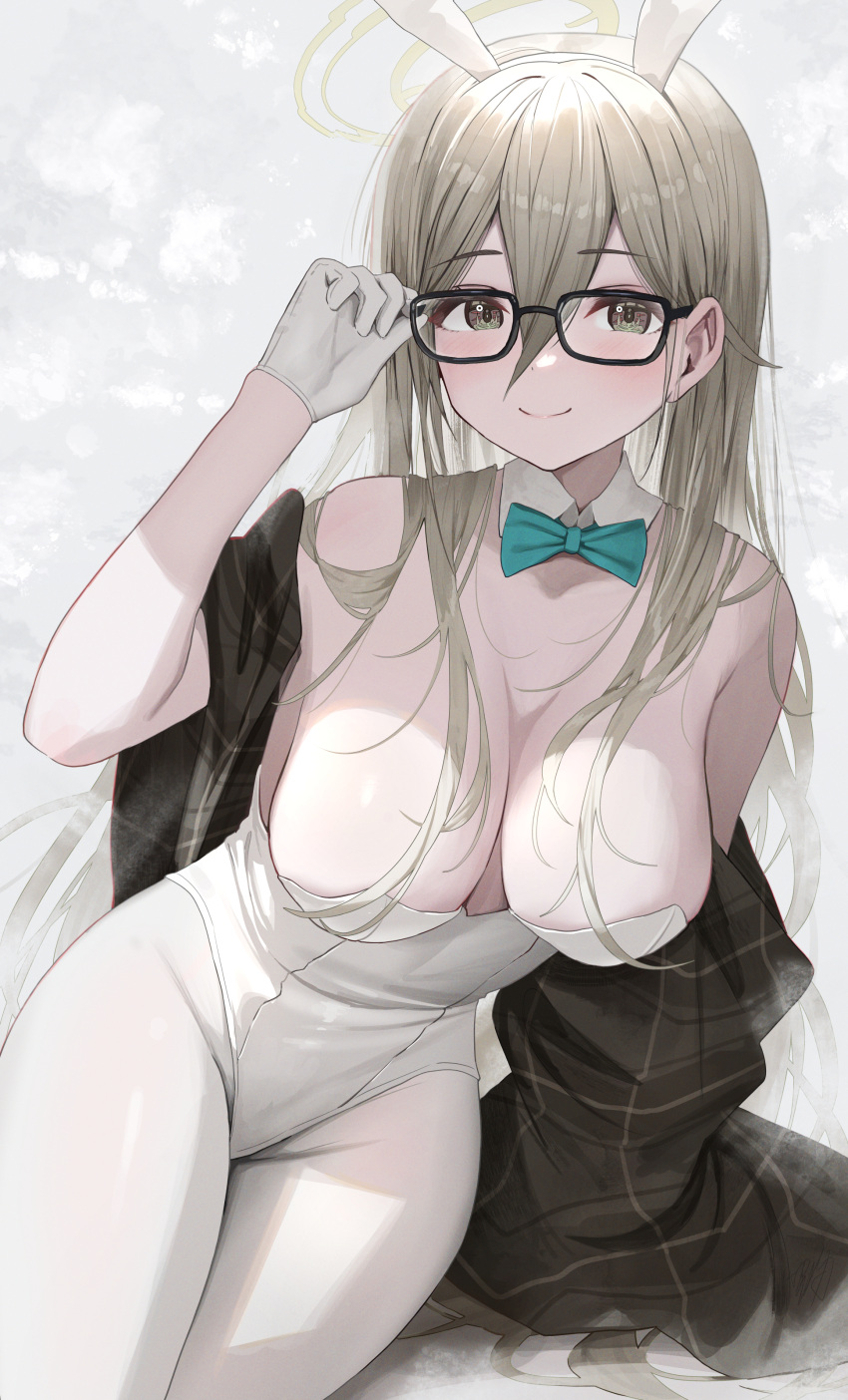 1girl absurdres akane_(blue_archive) animal_ears black-framed_eyewear blue_archive blush breasts brown_eyes closed_mouth detached_collar fake_animal_ears glasses gloves hair_between_eyes halo hidulume highres large_breasts leotard light_brown_hair long_hair looking_at_viewer pantyhose rabbit_ears smile solo strapless strapless_leotard white_gloves white_leotard white_pantyhose yellow_halo