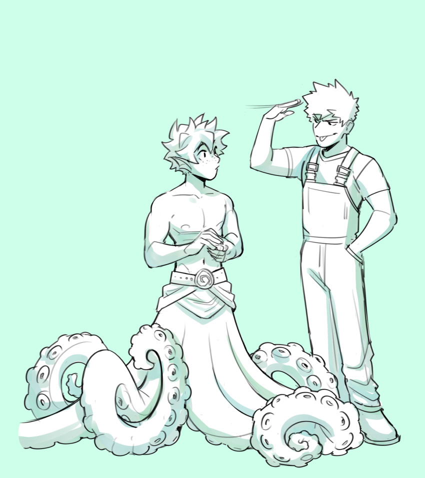 2boys alternate_universe bakugou_katsuki boku_no_hero_academia closed_mouth commentary english_commentary fins freckles full_body green_background green_theme habkart hand_in_pocket head_fins highres looking_at_another male_focus midoriya_izuku monochrome monster_boy multiple_boys navel octopus_boy overalls shirt short_hair short_sleeves simple_background smile standing suction_cups tentacles tongue tongue_out