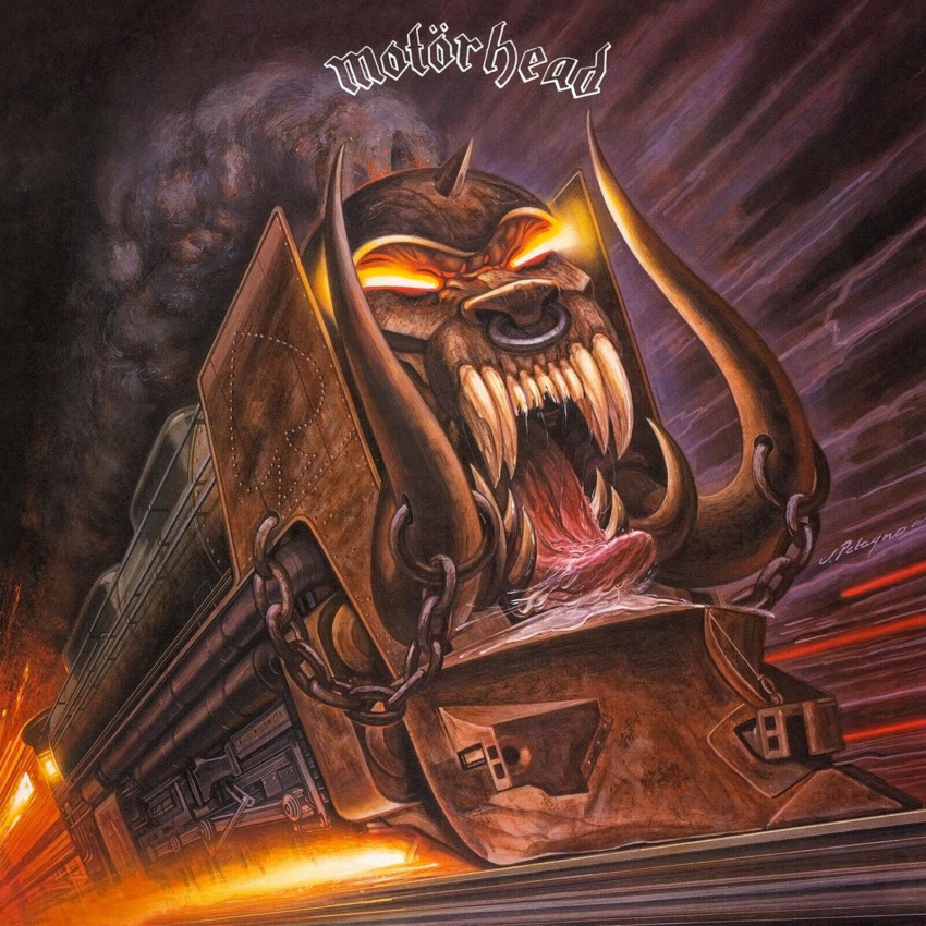 1:1 album_cover ambiguous_gender ambiguous_species animate_inanimate bodily_fluids chain colored cover facial_piercing glowing glowing_eyes hi_res hybrid joe_petagno living_machine living_vehicle locomorph locomotive machine mot&ouml;rhead nose_piercing nose_ring not_furry official_art open_mouth orgasmatron piercing ring_piercing saliva sharp_teeth snaggletooth_(motorhead) solo spades_(suit) sparks spiked_headwear spikes suit_symbol teeth tongue tongue_out train tusks vehicle