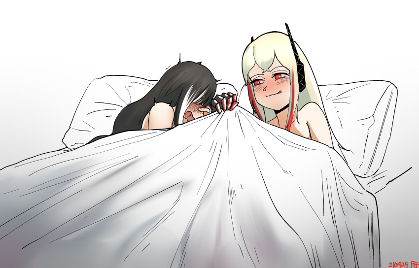 2girls black_hair blanket blonde_hair blush closed_mouth dated girls'_frontline half-closed_eyes headgear highres lifting_covers long_hair looking_at_another lying m4_sopmod_ii_(girls'_frontline) multicolored_hair multiple_girls on_bed open_mouth pillow radish_p red_hair ro635_(girls'_frontline) streaked_hair under_covers white_hair