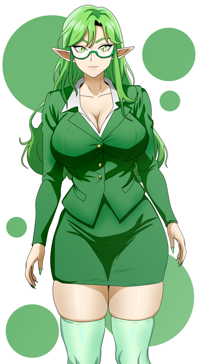 1girl absurdres borrowed_character breasts cleavage commission english_commentary glasses green-framed_eyewear green_eyes green_skirt green_suit highres large_breasts long_hair long_sleeves looking_at_viewer office_lady original pencil_skirt pointy_ears sado_art skindentation skirt solo standing suit