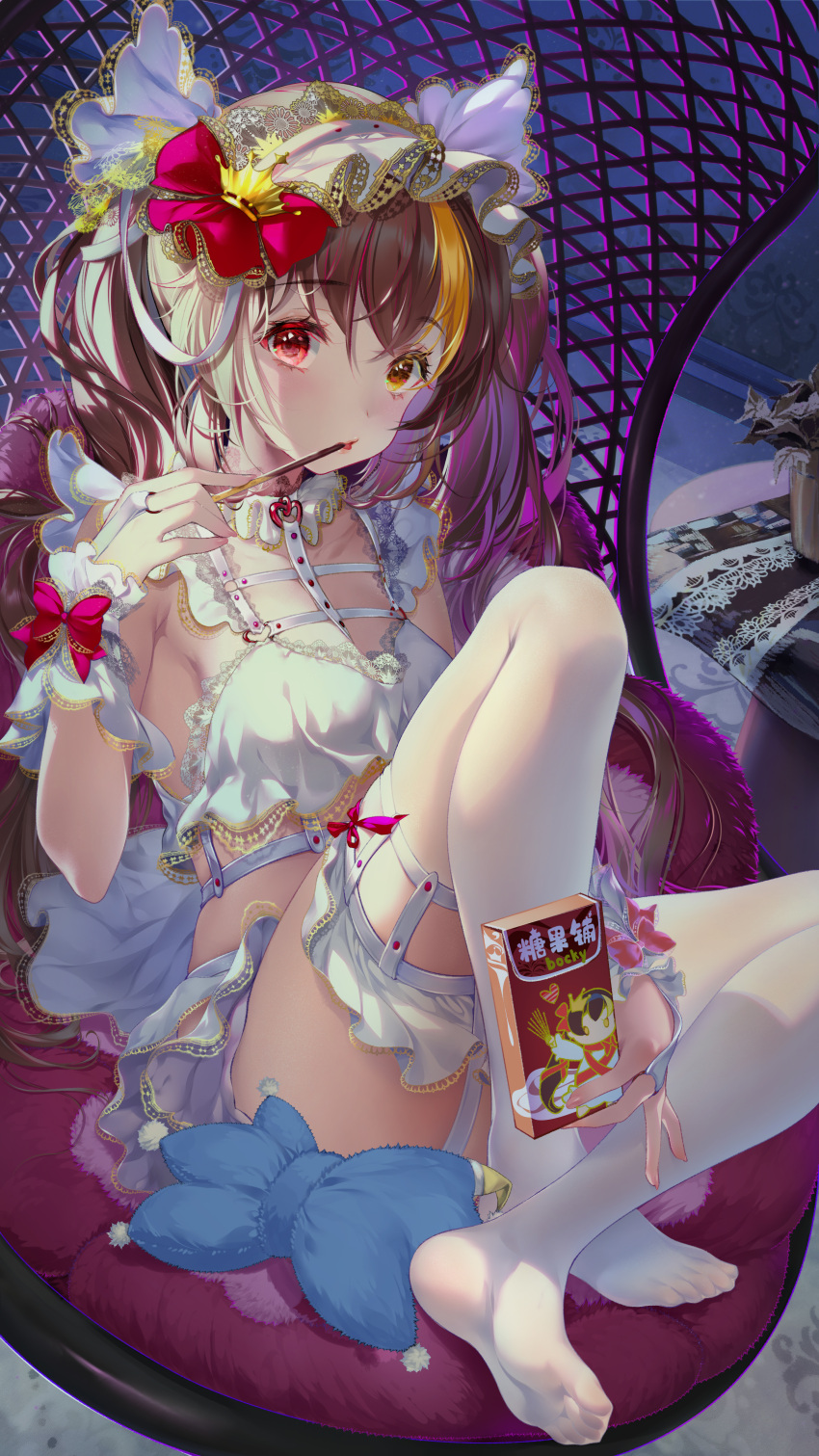 1girl :o absurdres between_legs bingtang blonde_hair blush bow box bra breasts brown_hair collar crossed_ankles crown_hair_ornament detached_collar food food_in_mouth frilled_bra frilled_collar frilled_hairband frilled_straps frills full_body hair_bow hairband hand_between_legs hand_up heterochromia highres holding holding_box holding_food indie_virtual_youtuber knee_up lace-trimmed_bra lace-trimmed_hairband lace-trimmed_panties lace-trimmed_wrist_cuffs lace_trim legwear_garter long_hair looking_at_viewer medium_breasts multicolored_hair official_art on_chair panties plant pocky_in_mouth potted_plant red_bow red_eyes round_table sidelighting sitting solo streaked_hair table thighhighs twintails underwear very_long_hair virtual_youtuber white_bra white_hairband white_panties white_thighhighs wrist_bow wrist_cuffs yellow_eyes