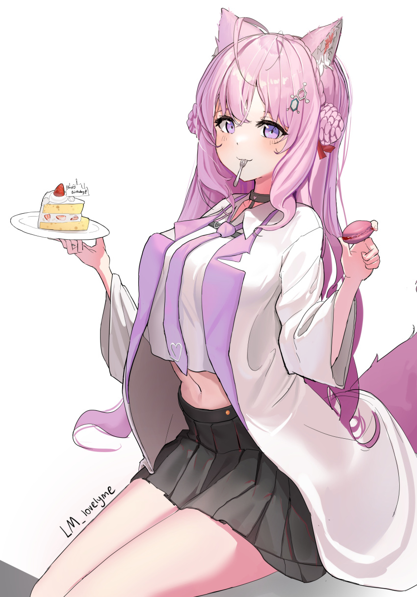 1girl absurdres ahoge animal_ears artist_name black_collar black_skirt blush breasts cake cake_slice cat_ears character_request closed_mouth collar cropped_shirt english_commentary feet_out_of_frame food hair_ornament happy_birthday highres holding holding_food holding_plate hololive jacket large_breasts long_hair long_sleeves looking_at_viewer lovelyme navel necktie open_clothes open_jacket pink_hair plate pleated_skirt purple_eyes purple_necktie shirt simple_background sitting skirt solo tail utensil_in_mouth virtual_youtuber white_background white_jacket white_shirt