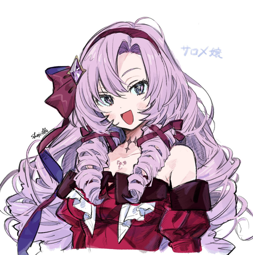 1girl bare_shoulders blush breasts cropped_arms cropped_torso dress drill_hair fusuma_(nohbrk) hair_ornament hair_ribbon hairband highres hyakumantenbara_salome juliet_sleeves light_purple_hair long_hair long_sleeves medium_breasts nijisanji open_mouth parted_bangs portrait puffy_sleeves purple_eyes purple_hairband purple_ribbon red_dress ribbon sidelocks signature simple_background solo virtual_youtuber white_background