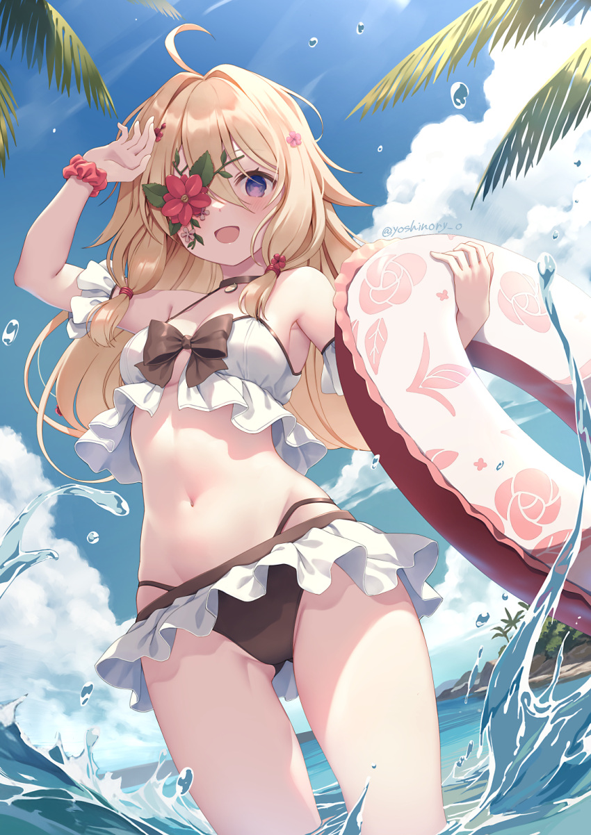 1girl ahoge arm_garter arm_up armpits ass_visible_through_thighs bare_shoulders bikini bikini_skirt black_bow black_choker blonde_hair bow breasts choker commission day flower flower_eyepatch frilled_bikini frills halterneck highleg highleg_bikini highres innertube long_hair looking_at_viewer midriff navel open_mouth original outdoors purple_eyes red_flower scrunchie sideboob skeb_commission smile solo standing stomach string_bikini sunlight swimsuit thighs wading water white_bikini wrist_scrunchie yoshino_ryou