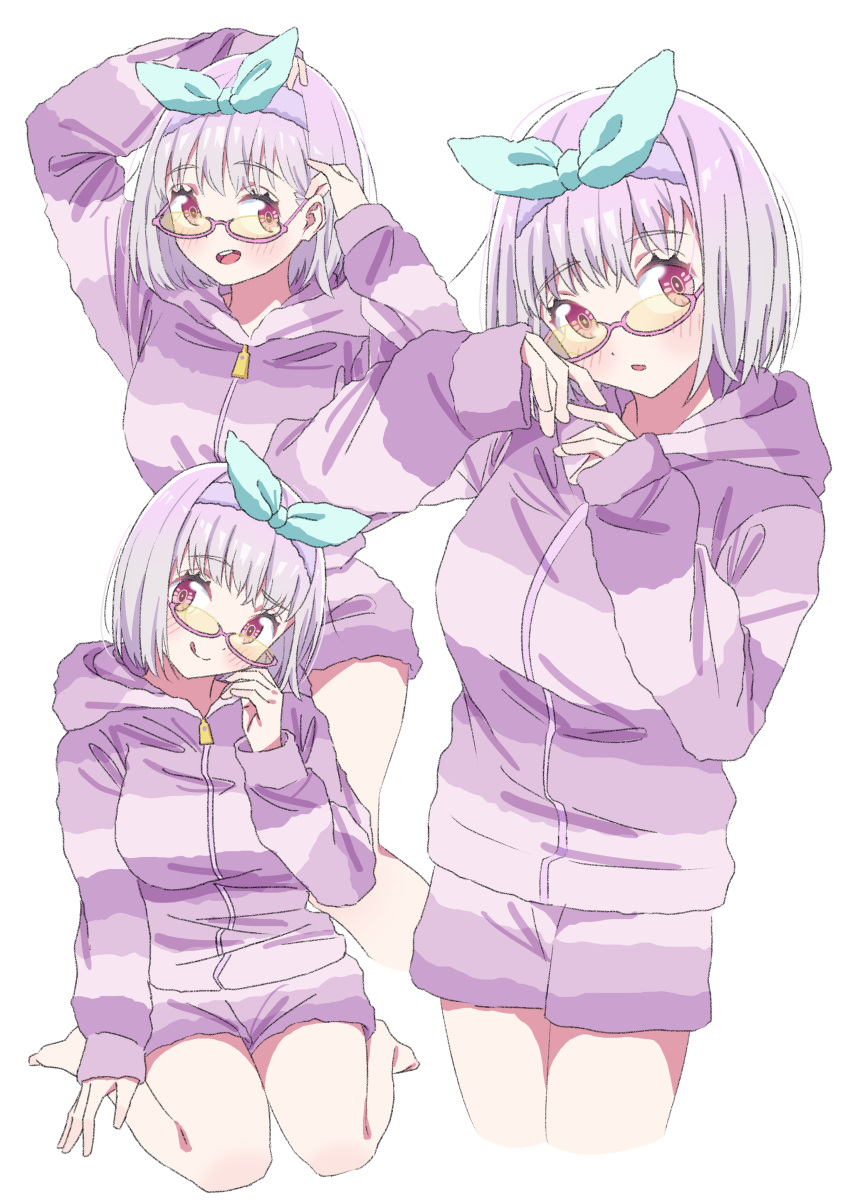 1girl absurdres bespectacled blush bow breasts commentary cropped_legs glasses gridman_universe hands_up highres hood hood_down hooded_jacket hoodie jacket large_breasts long_sleeves looking_at_viewer multiple_views official_alternate_costume open_mouth pink-framed_eyewear purple_hair purple_hoodie purple_jacket red_eyes shinjou_akane sho_(shoshos_8888) short_hair simple_background sitting smile ssss.gridman teeth upper_teeth_only wariza white_background