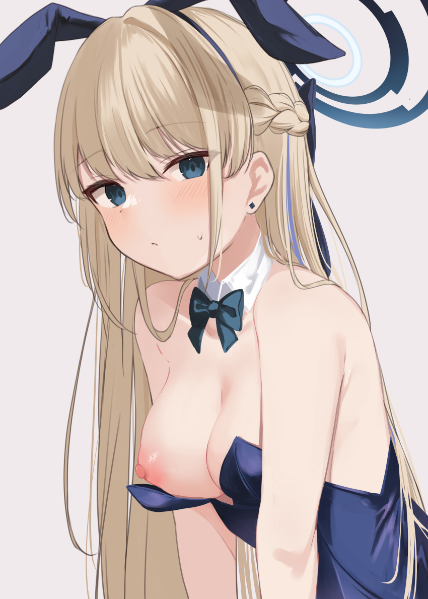 1girl absurdres animal_ears bare_shoulders blonde_hair blue_archive blue_bow blue_bowtie blue_hair blue_leotard blush bow bowtie braid breasts closed_mouth detached_collar fake_animal_ears grey_background halo highres leotard long_hair looking_at_viewer medium_breasts memekko multicolored_hair nipples official_alternate_costume one_breast_out rabbit_ears simple_background solo toki_(blue_archive) toki_(bunny)_(blue_archive) two-tone_hair upper_body