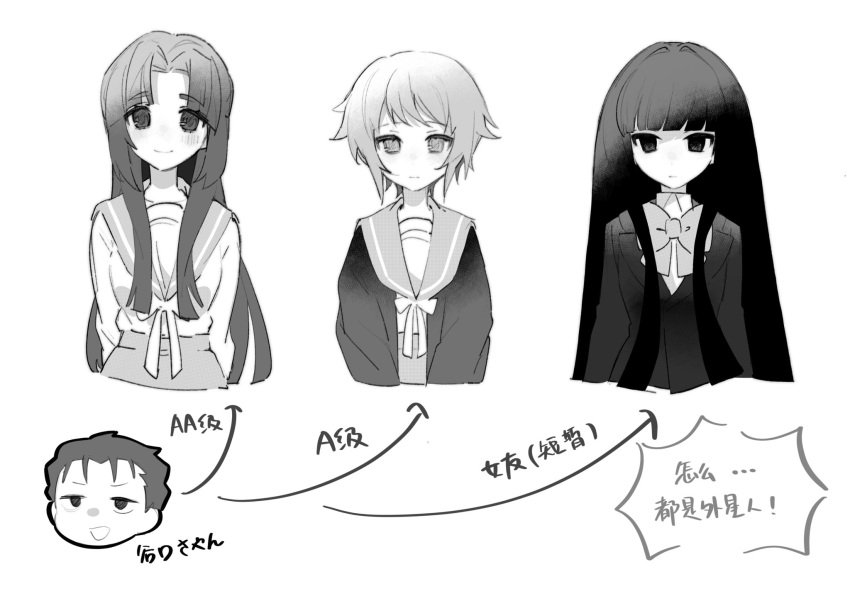 1boy 3girls asakura_ryouko blazer blunt_bangs bow bowtie cardigan closed_mouth commentary_request expressionless greyscale highres jacket kita_high_school_uniform kouyouen_academy_school_uniform long_hair maymeriko monochrome multiple_girls nagato_yuki open_cardigan open_clothes parted_bangs ribbon sailor_collar school_uniform serafuku short_hair skirt smile suou_kuyou suzumiya_haruhi_no_yuuutsu taniguchi_(suzumiya_haruhi) translation_request very_long_hair winter_uniform