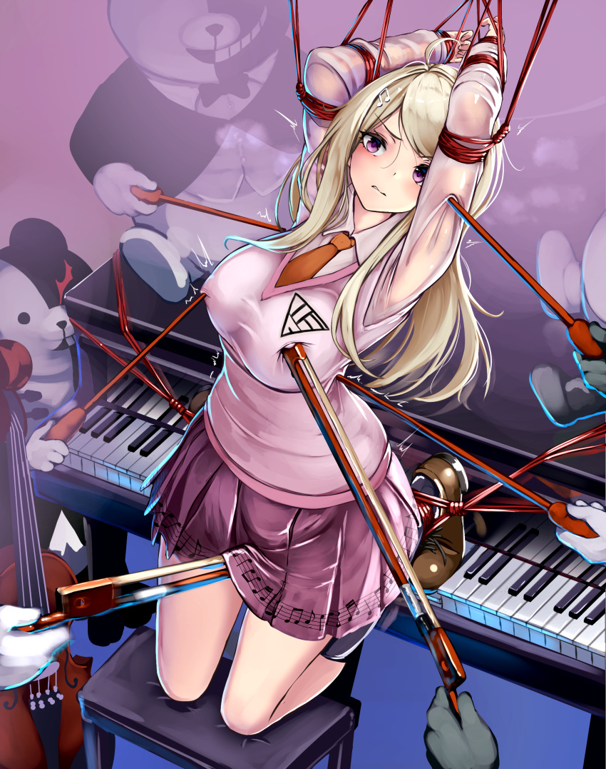 1girl absurdres akamatsu_kaede arms_up blonde_hair blush breasts brown_footwear chair collared_shirt danganronpa_(series) danganronpa_v3:_killing_harmony hair_ornament highres instrument large_breasts long_hair long_sleeves miniskirt monikano monokuma musical_note musical_note_hair_ornament necktie orange_necktie piano pink_sweater_vest pleated_skirt purple_eyes purple_skirt restrained rope shirt shoes skirt solo_focus sweater_vest violin white_shirt