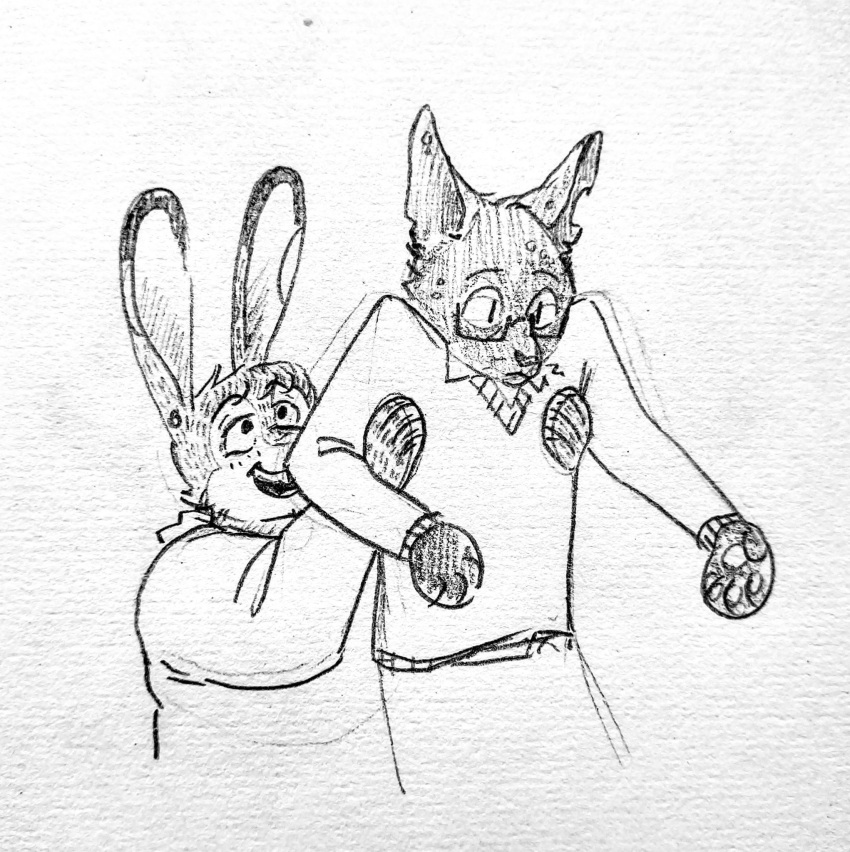 ambiguous_gender anthro clothed clothing domestic_cat duo eyewear felid feline felis fully_clothed gammija glasses graphite_(artwork) handpaw hare hi_res holding_another hoodie jonathan_sims lagomorph leporid long_ears mammal martin_blackwood notched_ear pawpads paws pencil_(artwork) smile sweater the_magnus_archives topwear traditional_media_(artwork) whiskers