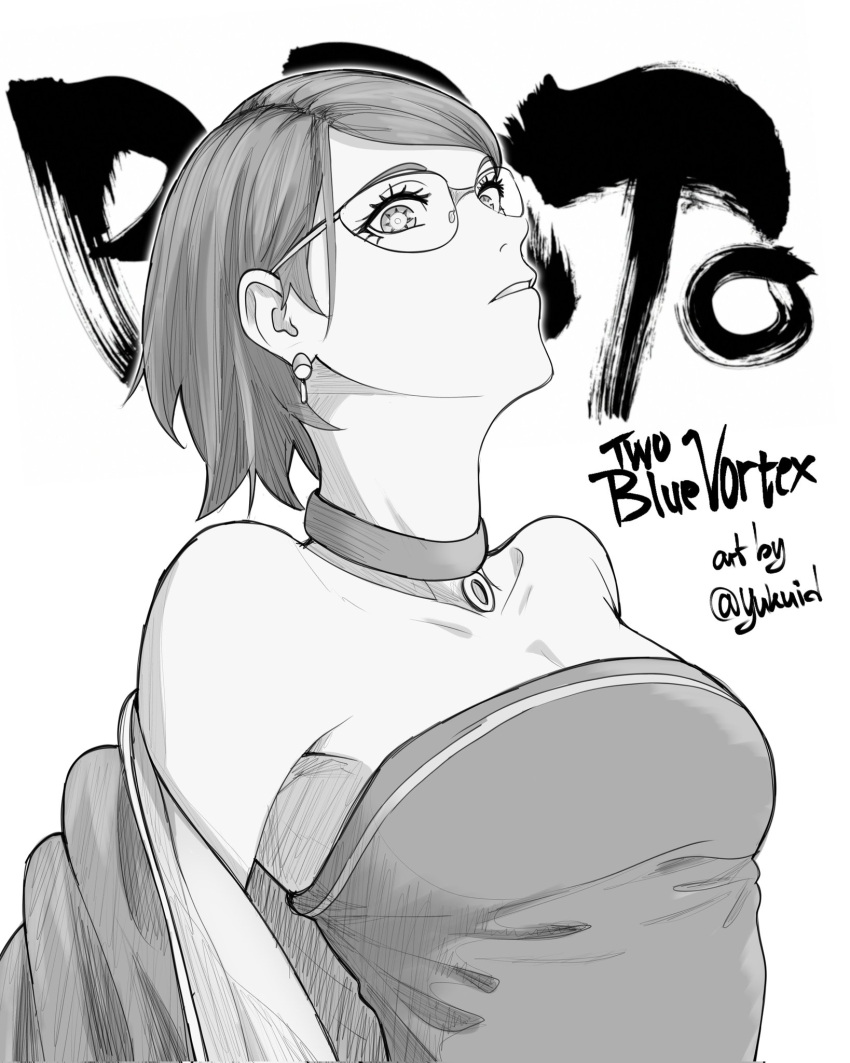 1girl artist_name bare_shoulders black_choker boruto:_naruto_next_generations boruto:_two_blue_vortex breasts choker commentary copyright_name earrings english_commentary english_text eyelashes glasses highres jewelry looking_at_viewer mangekyou_sharingan monochrome naruto_(series) serious sharingan short_hair small_breasts solo spoilers standing uchiha_sarada yukuart_(yukuid)