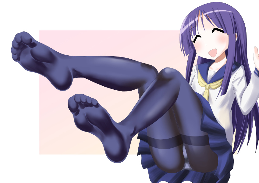 1girl ^_^ absurdres ahoterasoryo blue_pantyhose blue_sailor_collar blue_skirt blush border closed_eyes collarbone commission feet feet_up foreshortening full_body hand_up highres hinata_yukari kneehighs knees_together_feet_apart knees_up legs looking_at_viewer neckerchief no_shoes open_mouth panties panties_under_pantyhose pantyhose parted_bangs pink_background pixiv_commission pleated_skirt purple_hair sailor_collar school_uniform serafuku skirt socks soles solo thighband_pantyhose thighs toes underwear white_border white_panties yellow_neckerchief yuyushiki yuyushiki's_school_uniform