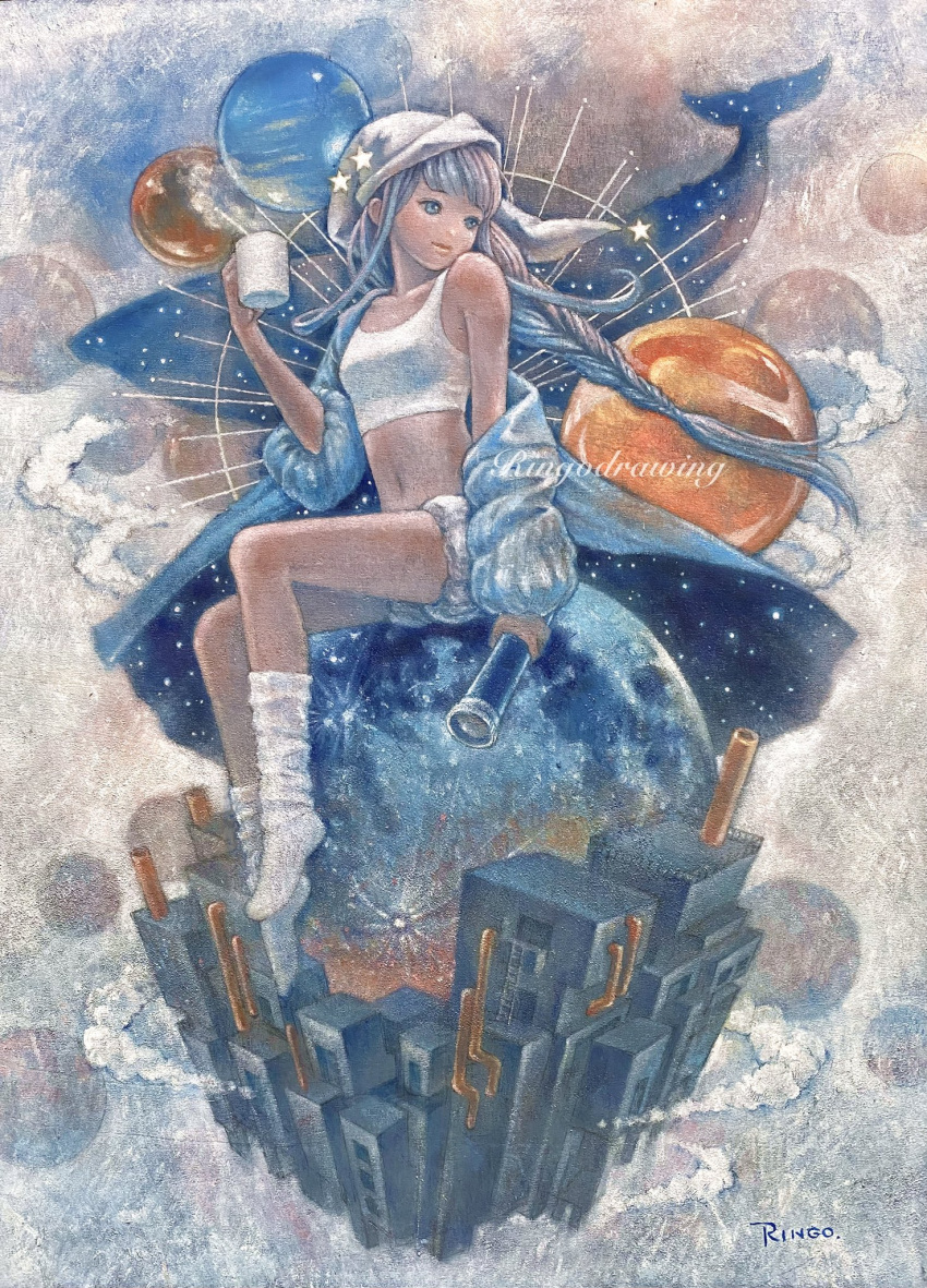 1girl bare_shoulders braid braided_ponytail breasts building camisole cloud commentary_request crop_top cup flying_whale full_body full_moon grey_eyes grey_hair hat highres holding holding_cup long_hair looking_to_the_side loose_socks moon navel nightcap off_shoulder oil_painting_(medium) original painting_(medium) planet puffy_shorts ringodrawing short_shorts shorts single_bare_shoulder sitting small_breasts socks solo star_(symbol) surreal telescope traditional_media whale white_camisole white_shorts white_socks
