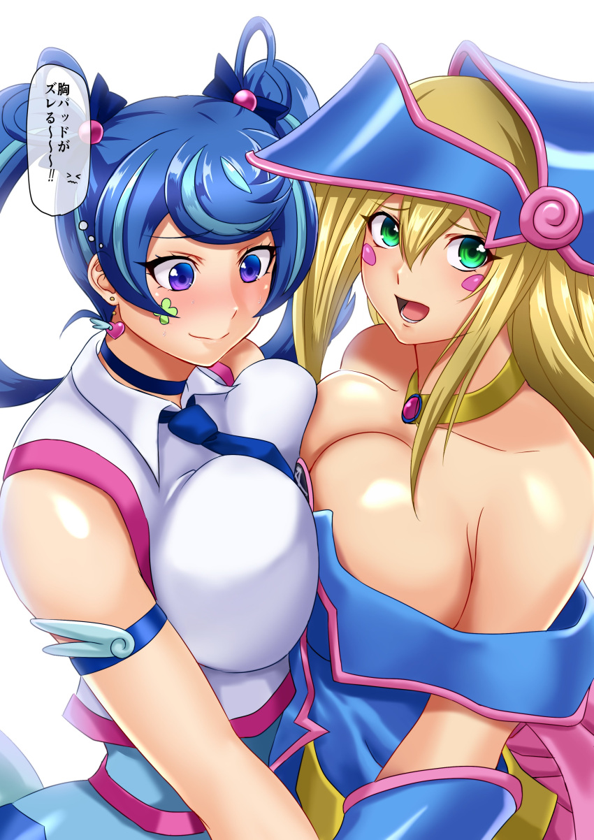 2girls absurdres blonde_hair blue_angel blue_eyes blue_hair blue_necktie blush blush_stickers breast_press breasts cleavage closed_mouth clover collarbone dark_magician_girl duel_monster earrings facial_tattoo flower_facial_mark four-leaf_clover hair_between_eyes hat heart heart_earrings highres jewelry large_breasts long_hair looking_at_viewer multiple_girls muto_dt necktie open_mouth pentagram rectangle smile symmetrical_docking tattoo translation_request white_background wizard_hat yu-gi-oh! yu-gi-oh!_vrains zaizen_aoi