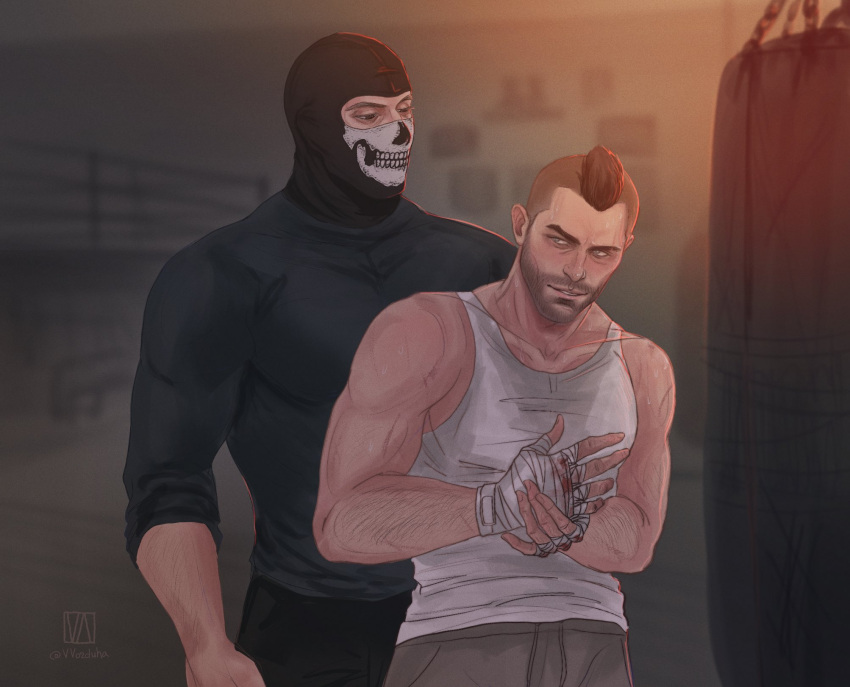 2boys bandaged_hand bandages black_hair black_pants black_shirt blood brown_pants call_of_duty call_of_duty:_modern_warfare_2 facial_hair ghost_(modern_warfare_2) highres injury large_pectorals looking_at_another male_focus mask multiple_boys muscular muscular_male pants pectorals shirt short_hair sidecut skull_mask smile soap_(modern_warfare_2) tank_top textless_version vvozduha white_tank_top