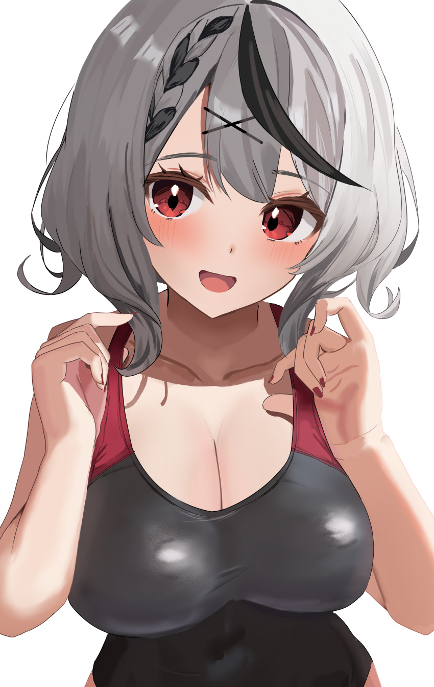 1girl absurdres black_hair black_one-piece_swimsuit blush braid breasts cleavage competition_swimsuit covered_navel grey_hair hair_ornament highres hololive large_breasts multicolored_hair one-piece_swimsuit open_mouth red_eyes sakamata_chloe sasasa11070 single_braid smile streaked_hair swimsuit virtual_youtuber x_hair_ornament