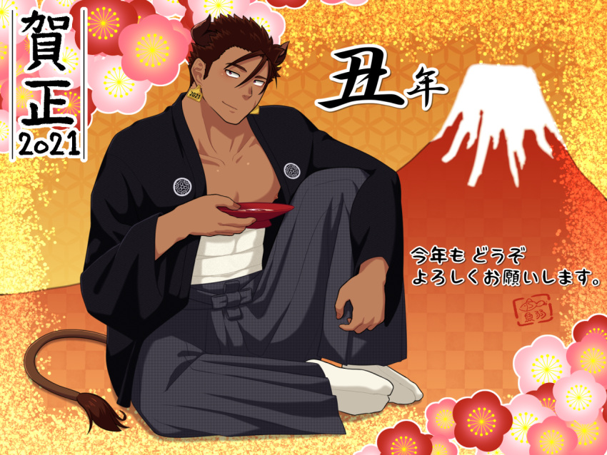 1boy 2021 bara bare_pectorals black_kimono brown_hair chinese_zodiac cow_horns cow_tail cup dark-skinned_male dark_skin dated ear_tag full_body hakama hakama_pants head_tilt holding horns japanese_clothes kimono knee_up male_focus midriff_sarashi mount_fuji muscular muscular_male nipples open_clothes open_kimono original pants pectorals sakazuki sarashi short_hair sideburns sitting smirk socks solo tail toned toned_male year_of_the_ox yowaifish