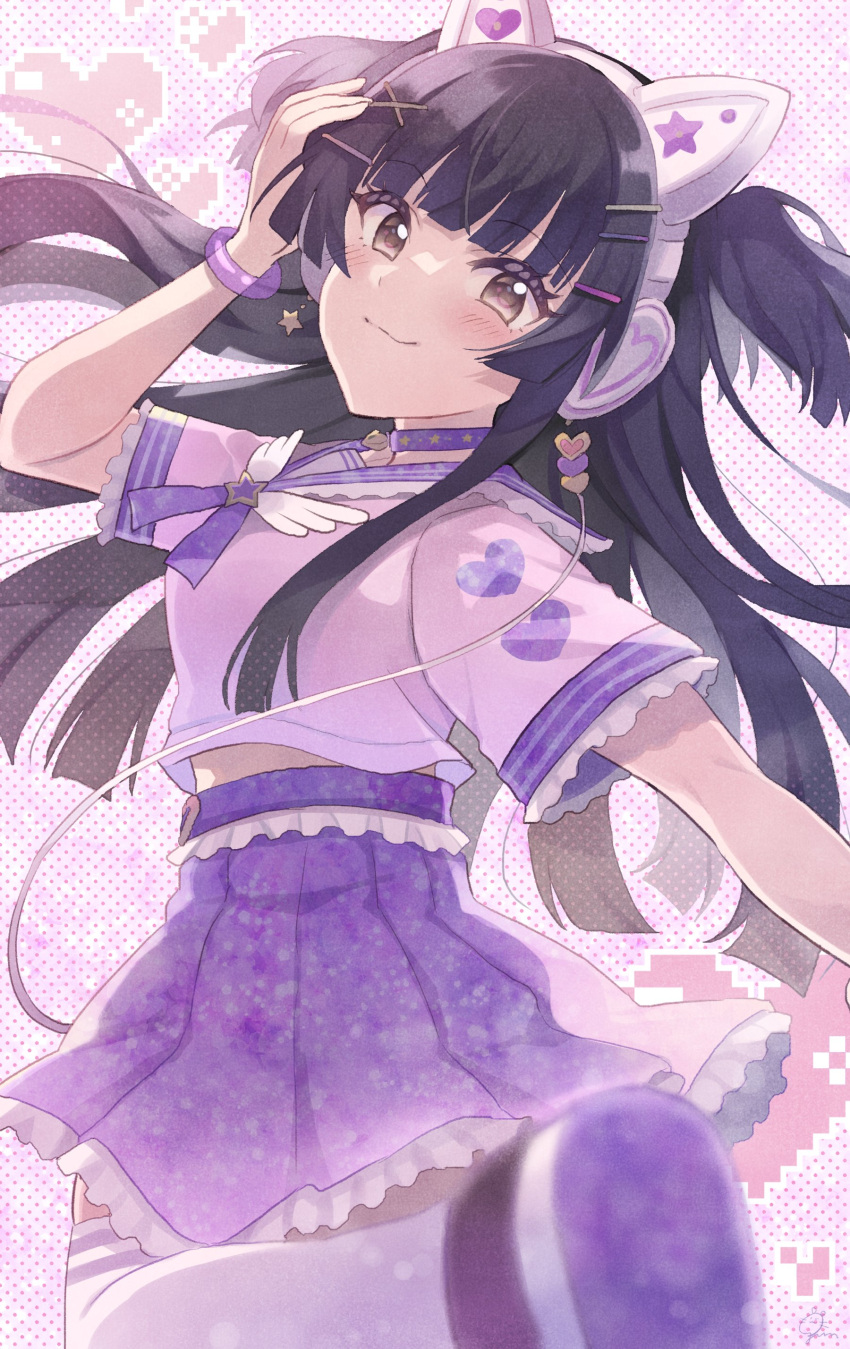 1girl absurdres animal_ears bell black_hair blunt_bangs blurry blurry_foreground blush bracelet brown_eyes cat_ears choker closed_mouth earrings fake_animal_ears frilled_shirt frills gum_(vivid_garden) hair_ornament hairpin hand_on_own_head headphones heart heart_print highres idolmaster idolmaster_shiny_colors jewelry long_hair looking_at_viewer looking_back mayuzumi_fuyuko midriff_peek neck_bell neck_ribbon pleated_skirt polka_dot polka_dot_background purple_background purple_choker purple_skirt ribbon sailor_collar shirt short_sleeves skirt smile standing standing_on_one_leg star_(symbol) star_earrings thighhighs two_side_up white_shirt white_thighhighs zettai_ryouiki