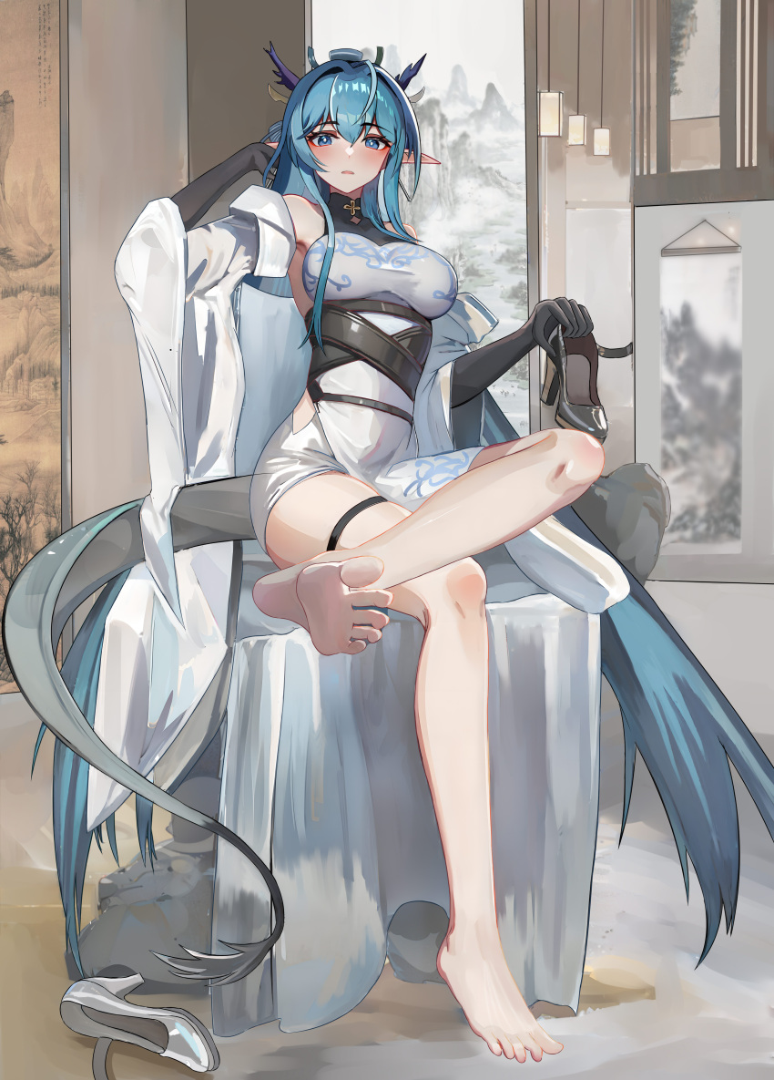 1girl absurdres arknights arm_up bare_legs bare_shoulders barefoot black_gloves blue_eyes blue_hair bm_(bm364364) coat crossed_legs dragon_girl dragon_horns dragon_tail dress earrings elbow_gloves eyelashes feet full_body gloves hair_between_eyes hair_intakes high_heels highres holding holding_shoes horns indoors jewelry legs ling_(arknights) long_hair looking_at_viewer off_shoulder open_clothes open_coat open_mouth pointy_ears shoes sleeveless sleeveless_dress soles solo tail thigh_strap thighs toes unworn_shoes very_long_hair white_coat