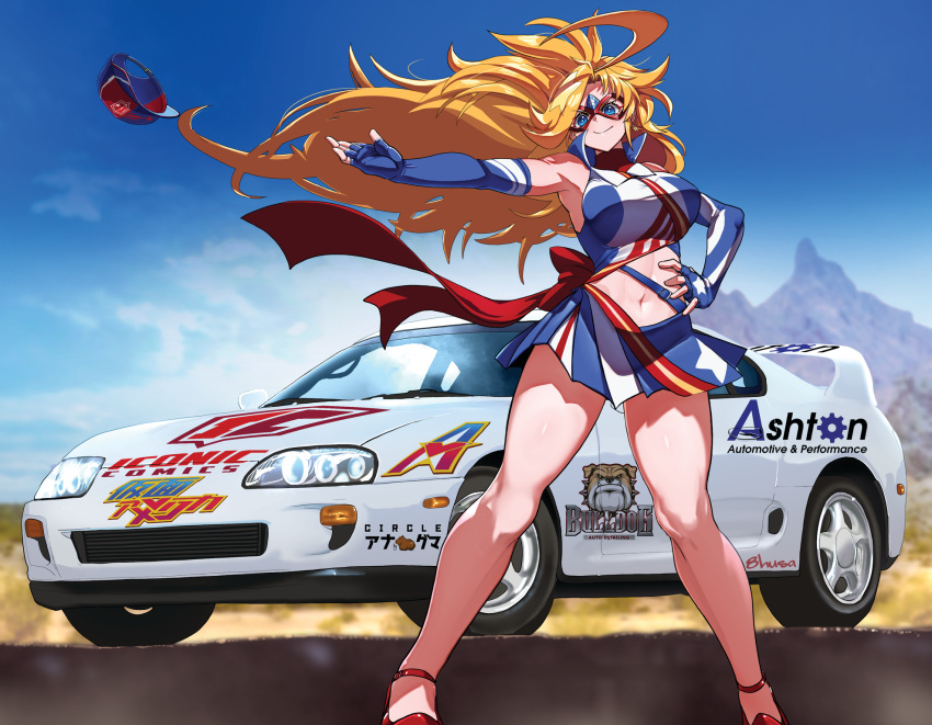 1girl ahoge armpits bare_legs bare_shoulders baseball_cap blonde_hair blue_eyes blue_gloves breasts car closed_mouth clothing_cutout dress elbow_gloves eye_mask feet_out_of_frame fingerless_gloves fujioka_yatsufusa gloves hand_on_own_hip hat highres kamen_america kamen_america_(comic) large_breasts long_hair looking_at_viewer motor_vehicle navel navel_cutout outdoors product_placement race_queen short_dress sky sleeveless sleeveless_dress smile toyota_supra wind wind_lift