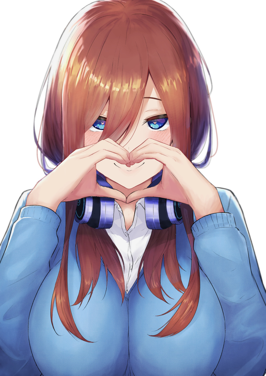 1girl absurdres akaneiro_(akane_color35) blue_cardigan blue_eyes blush breasts brown_hair c: cardigan closed_mouth commentary enpera eyebrows_hidden_by_hair eyelashes go-toubun_no_hanayome hair_between_eyes hair_over_one_eye hands_up headphones headphones_around_neck heart heart-shaped_pupils heart_hands highres large_breasts long_hair looking_at_viewer nakano_miku school_uniform sidelighting simple_background smile solo split_mouth straight-on symbol-shaped_pupils upper_body white_background