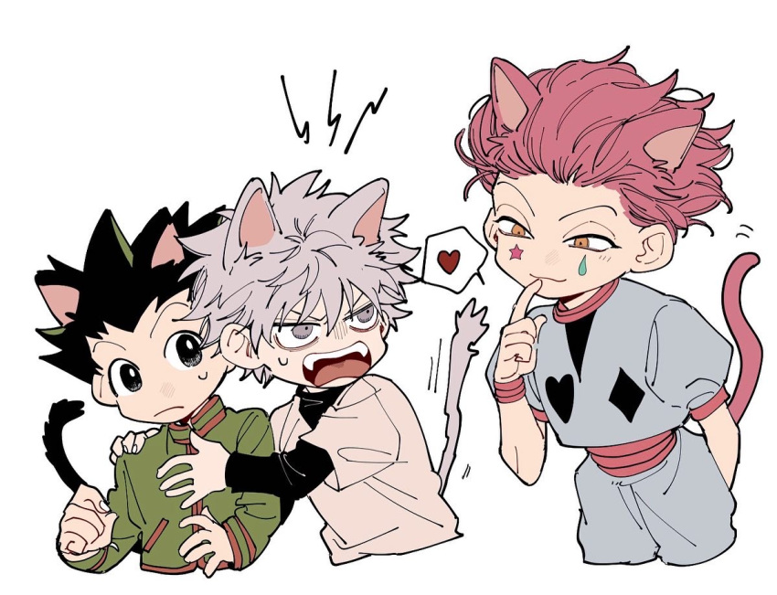 3boys animal_ears annoyed black_eyes black_hair cat_ears cat_tail commentary_request facepaint fangs gon_freecss grey_eyes grey_hair heart hisoka_morow hunter_x_hunter karasuma_(wbeach01) killua_zoldyck male_focus multiple_boys red_hair short_hair simple_background spoken_heart sweatdrop tail white_background yellow_eyes