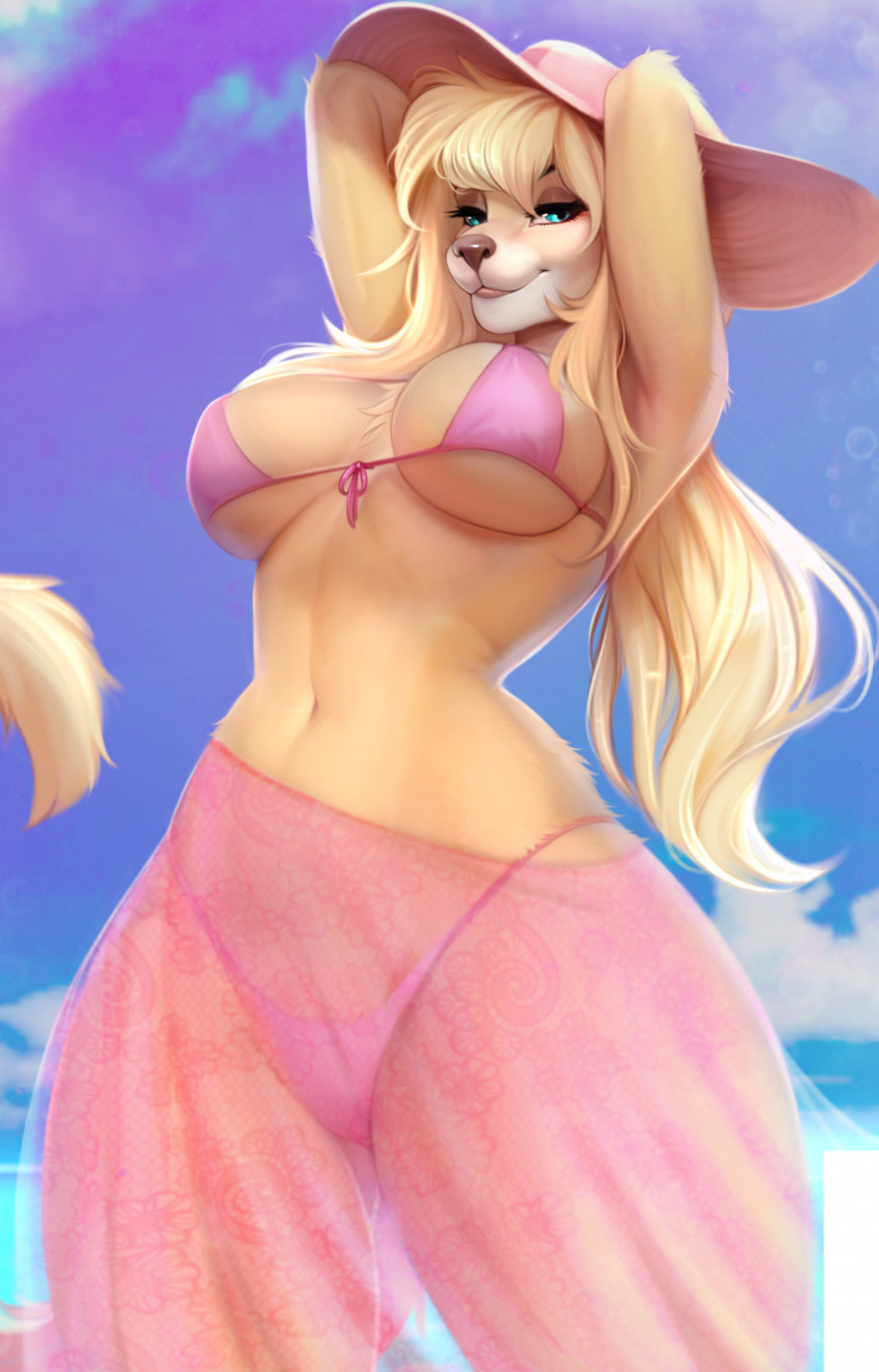 anthro big_breasts bikini blonde_hair breasts canid canine canis clothed clothing domestic_dog female fur hair hands_behind_head hat headgear headwear hi_res looking_at_viewer mammal outside pink_bikini pink_clothing pink_swimwear skimpy sky smile solo sun_hat swimwear tan_body tan_fur thick_thighs translucent translucent_clothing veliren_rey