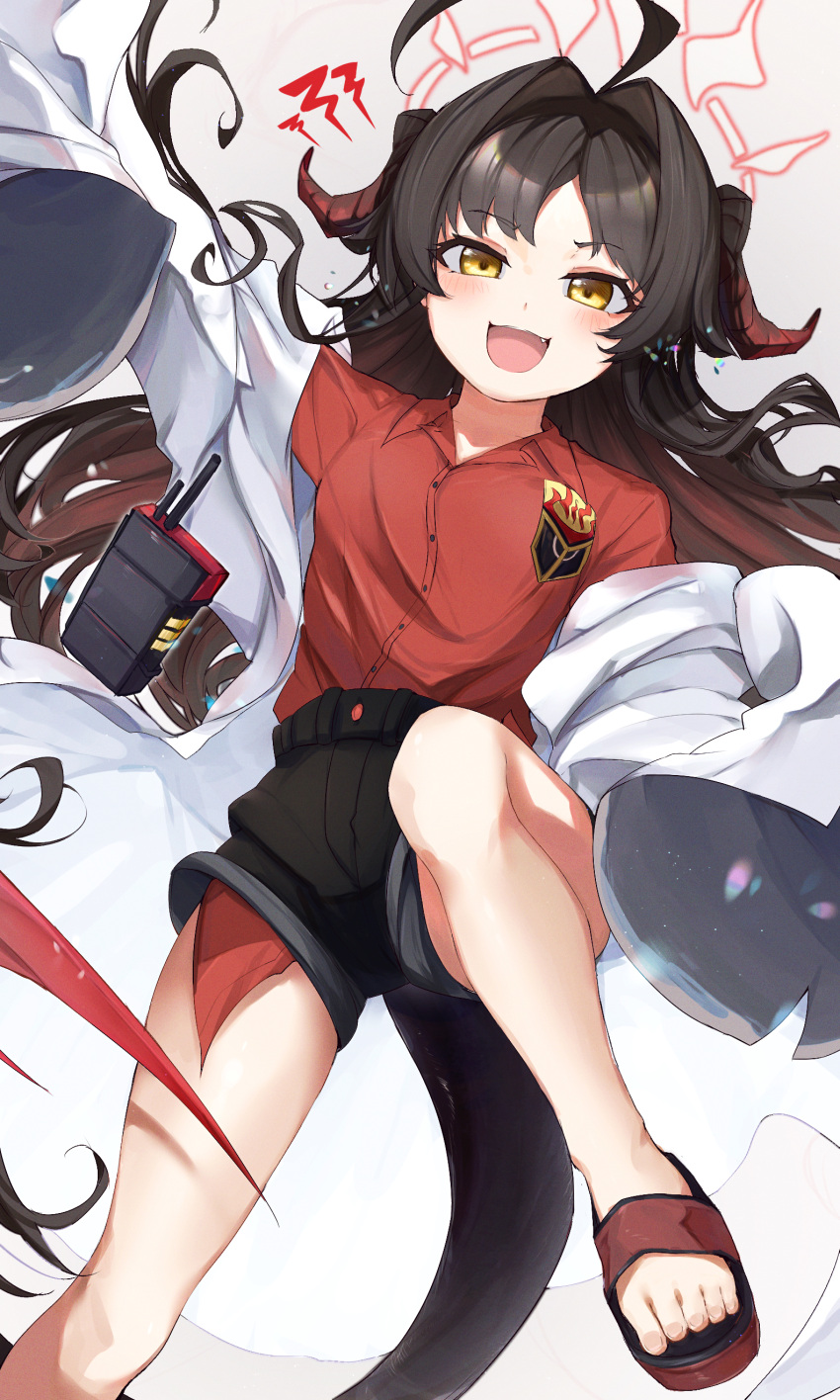 1girl absurdres ahoge black_hair black_shorts blue_archive blush breasts collared_shirt controller fang hair_intakes halo highres horns kasumi_(blue_archive) lab_coat long_hair looking_at_viewer open_mouth ra_mun5239 red_shirt remote_control sandals shirt shirt_tucked_in shorts sleeves_past_fingers sleeves_past_wrists small_breasts smile solo tail toes yellow_eyes