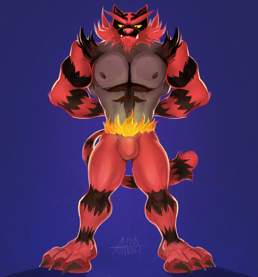 alpha-thunder anthro biceps black_body black_fur claws digital_media_(artwork) fangs felid fur generation_7_pokemon hands_behind_back hi_res incineroar looking_at_viewer male mammal markings multicolored_body multicolored_fur muscular nintendo paws pecs pokemon pokemon_(species) red_body red_fur simple_background snout solo tail teeth two_tone_body two_tone_fur yellow_sclera