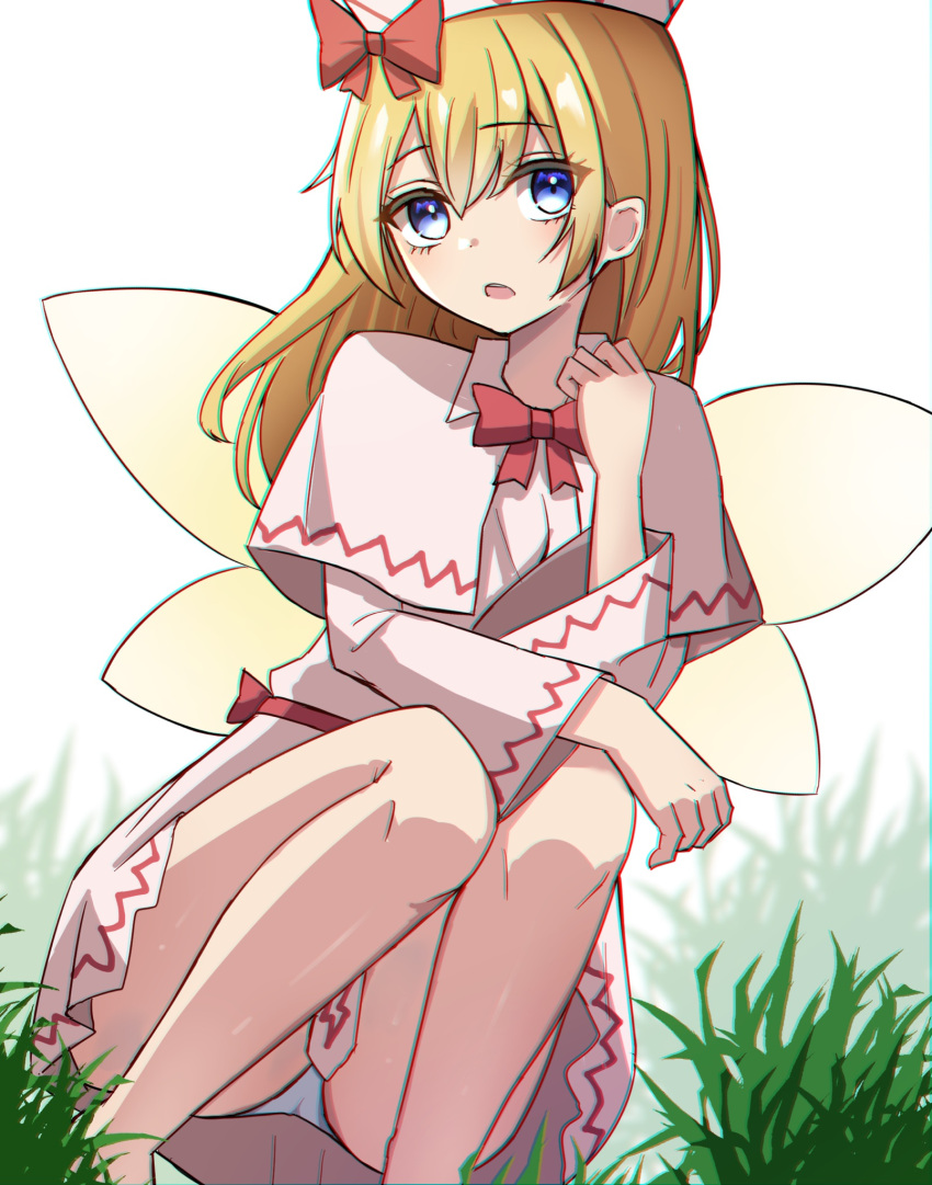 1girl ass blonde_hair blue_eyes budo029 capelet dress fairy fairy_wings hair_between_eyes highres lily_white long_hair long_sleeves open_mouth panties solo touhou underwear white_capelet white_dress white_panties wide_sleeves wings