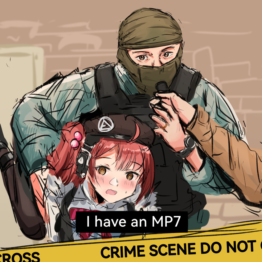 1boy 1girl 1other @_@ absurdres administrative_results balaclava beret black_headwear black_pantyhose blue_shirt blush body_armor bow bowtie brown_eyes carrying carrying_person carrying_under_arm caution_tape collared_shirt crime_scene english_text eyelashes girls'_frontline hair_ornament hand_up hat headphones highres holding interview long_sleeves looking_at_viewer microphone mp7_(girls'_frontline) one_side_up open_mouth out_of_frame outdoors pantyhose parted_bangs plate_carrier real_life red_bow red_bowtie red_hair rennn_(ilobeste) scene_reference shirt sidelocks sketch subtitled sweatdrop watch wavy_mouth white_shirt wristwatch