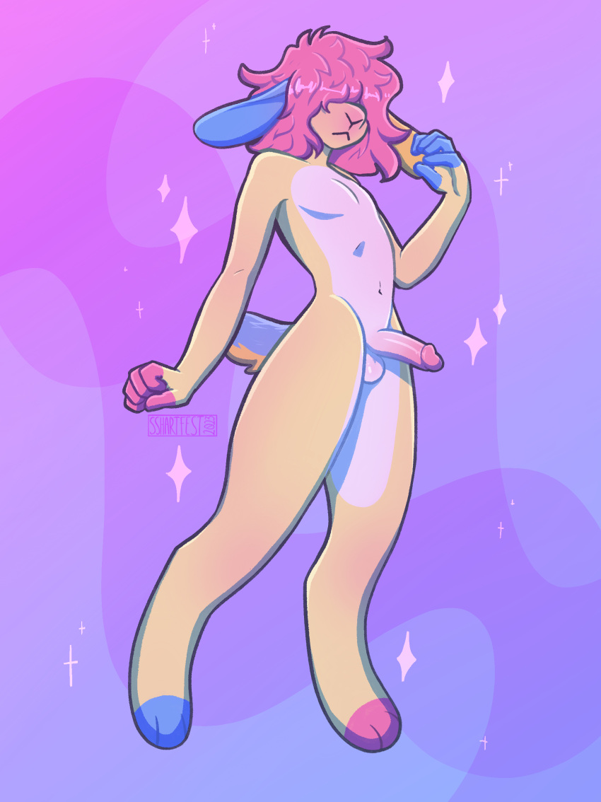 absurd_res anthro asymmetrical_coloring dreamy erection fluffy genitals glistening glistening_body hair hi_res hidden_eyes lagomorph leporid male mammal nub_tail pastel penis pink_hair rabbit solo sparkles sshartfest wide_hips yellow_body