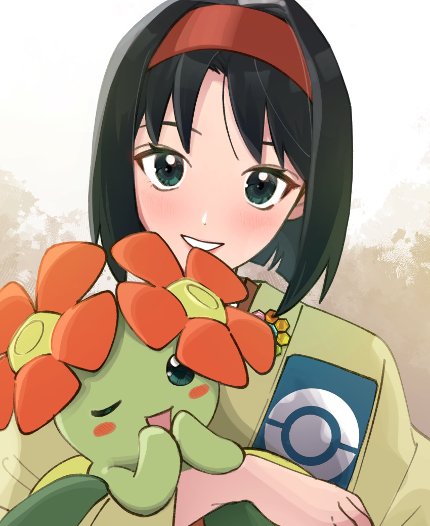 1girl absurdres bellossom black_hair blush commentary_request erika_(pokemon) eyelashes green_eyes grin hairband happy highres holding holding_pokemon japanese_clothes kimono looking_at_viewer osg_pk poke_ball_print pokemon pokemon_(creature) pokemon_(game) pokemon_frlg short_hair smile teeth yellow_kimono